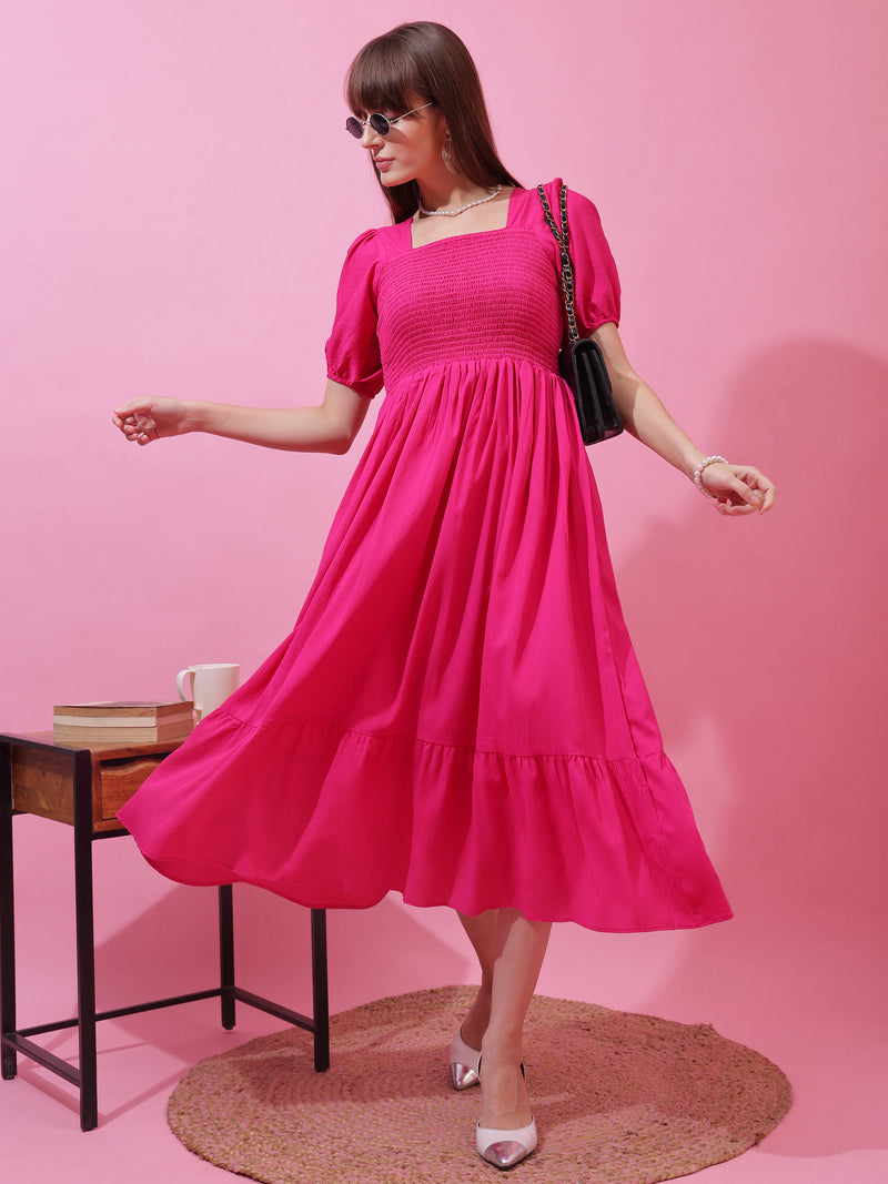 open lace back dress Pink Solid Smocked Fit and Flare Midi Dress by Wyshlist