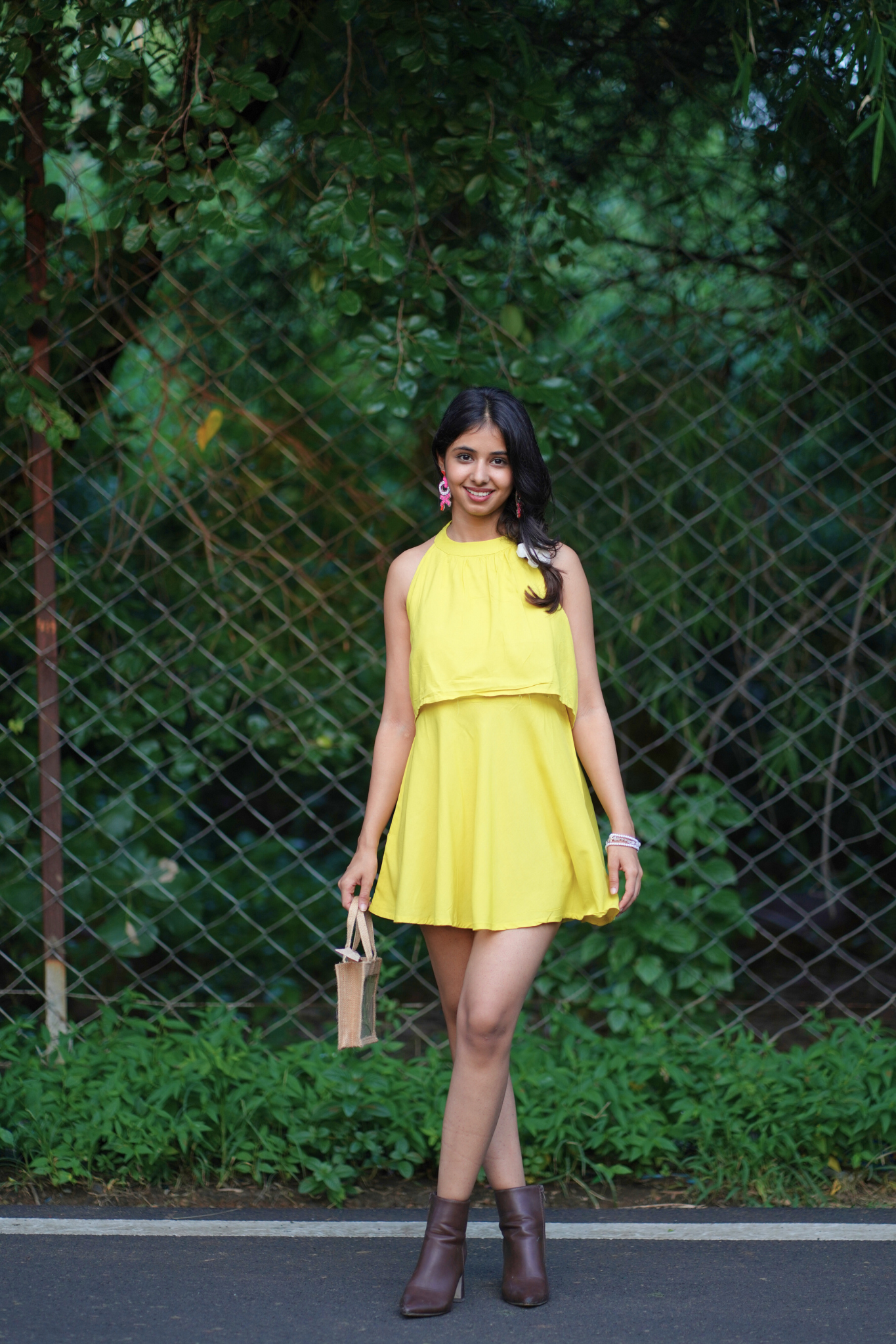 Yellow Solid Halter Neck Mini Dress by Wyshlist