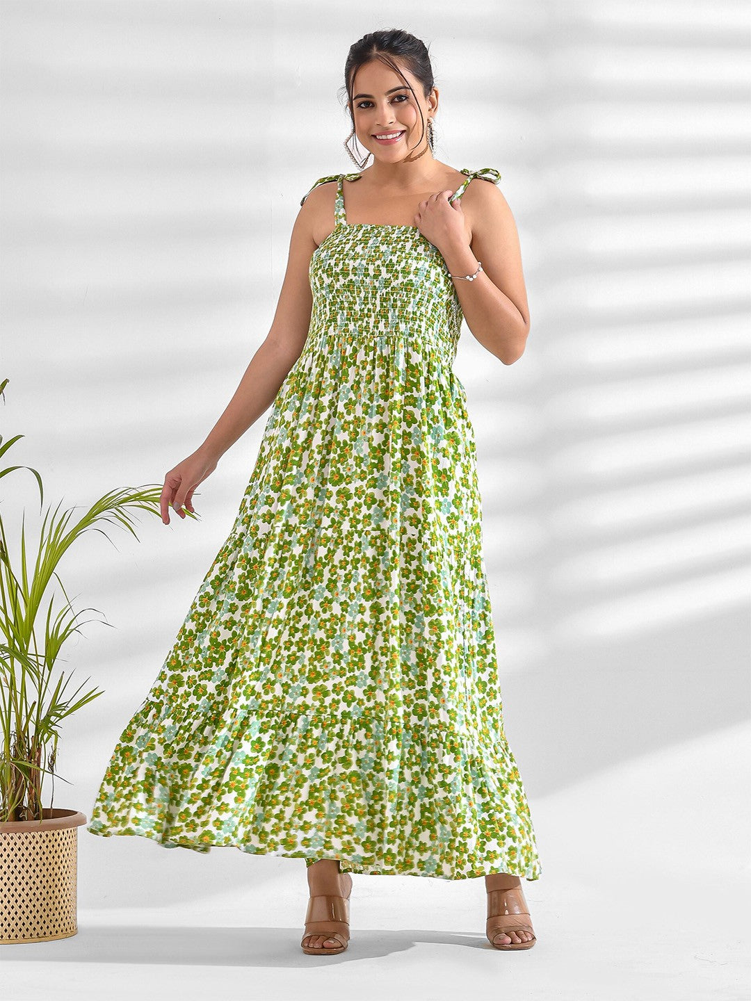 Green Floral Strappy Smocked Maxi Dress By Wyshlist