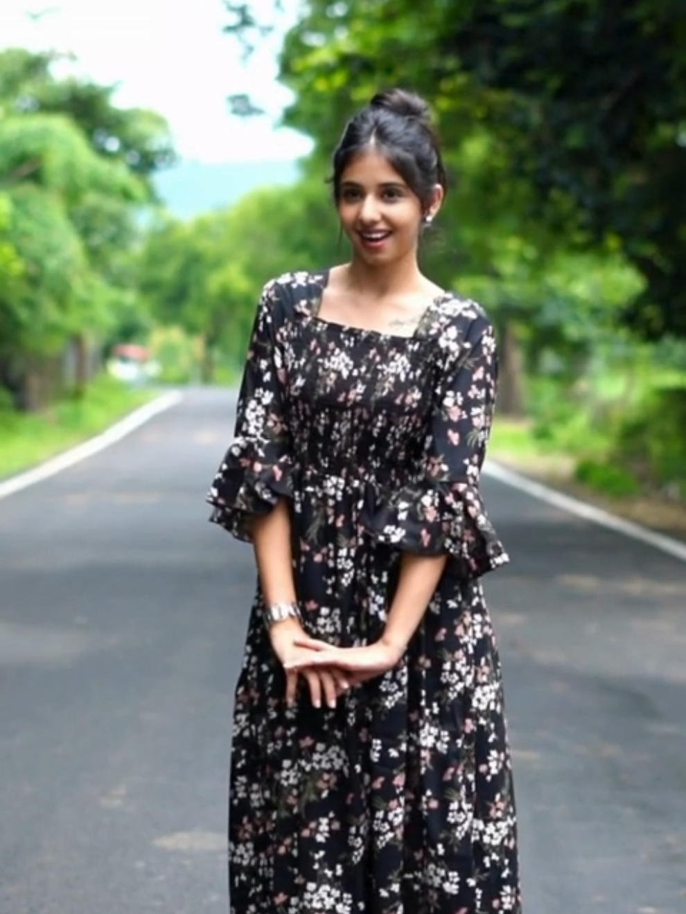 Black Floral Flared Sleeves Maxi Dress by Wyshlist