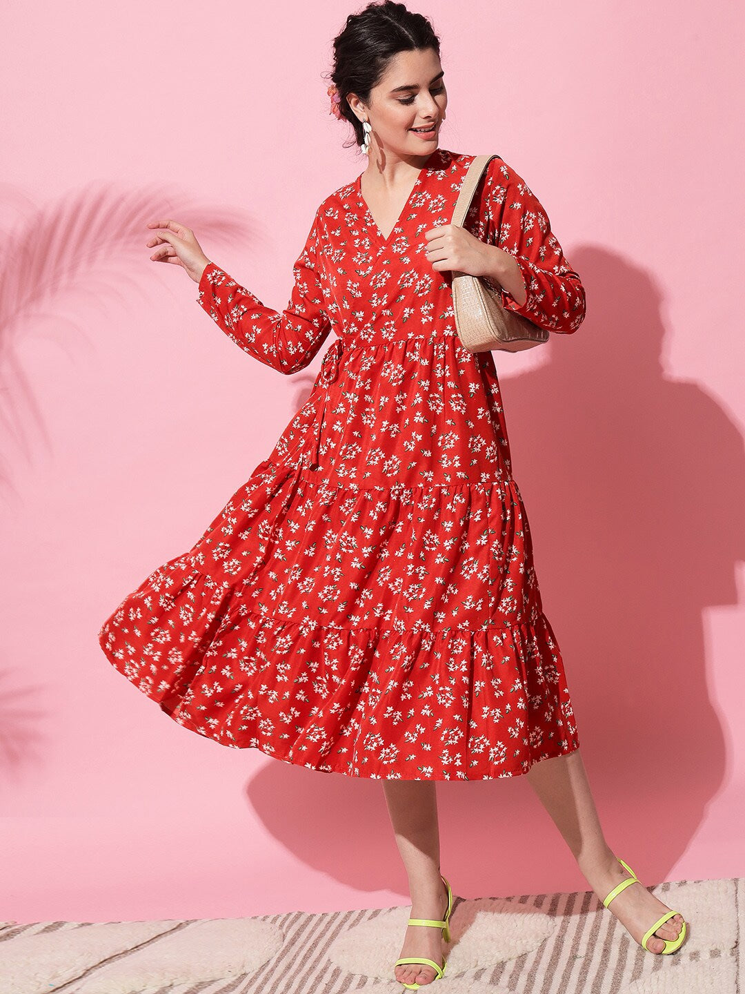 Red & White Floral Printed Midi Knee Length Dress by Wyshlist