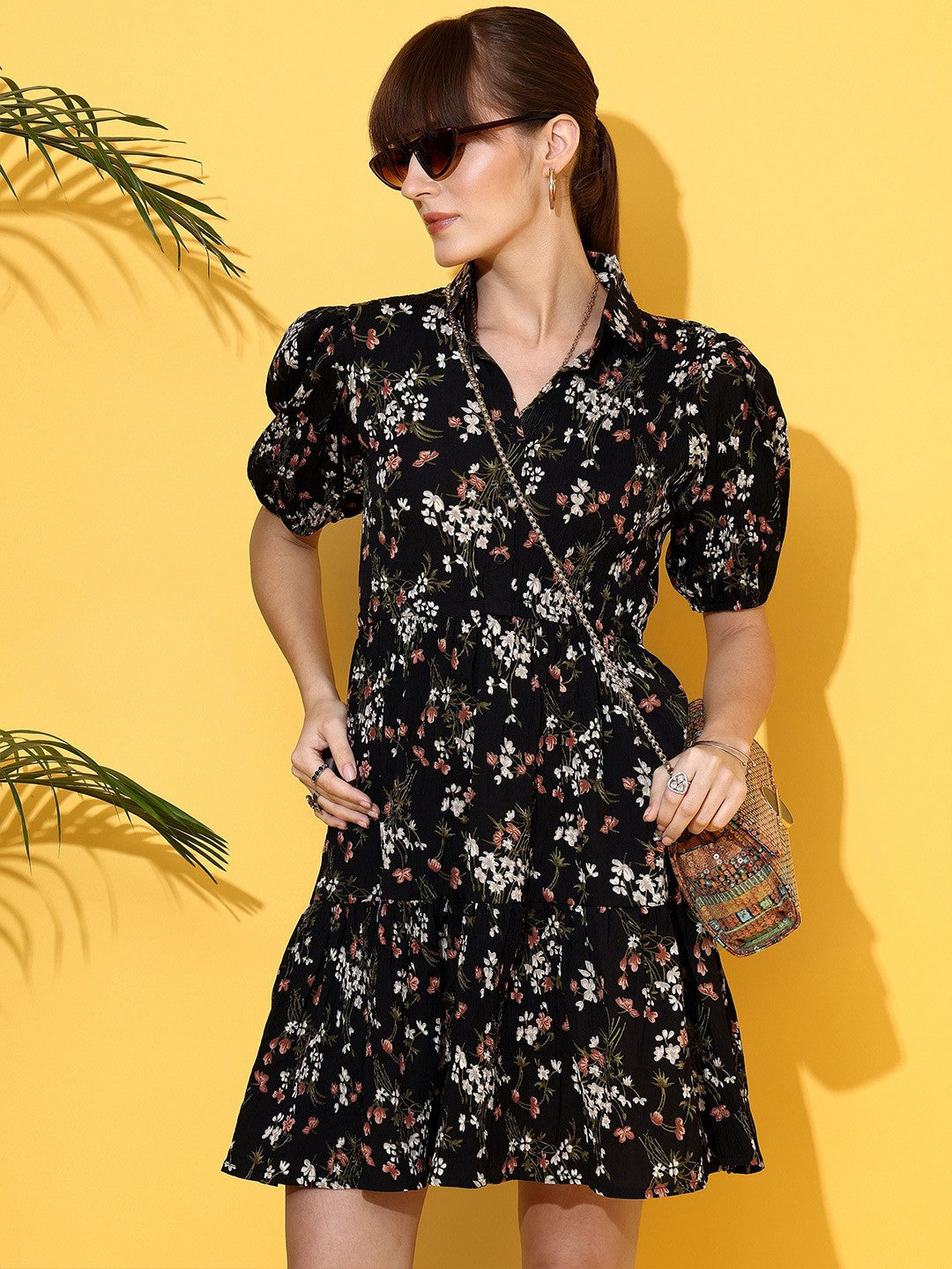 Black Bloom Fit and Flare Mini Dress