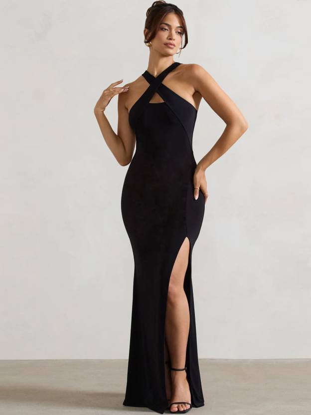 Noir Cross Shoulder Neck Bodycon Slit Dress By Wyshlist Noir Cross Shoulder Neck Bodycon Slit Dress By Wyshlist