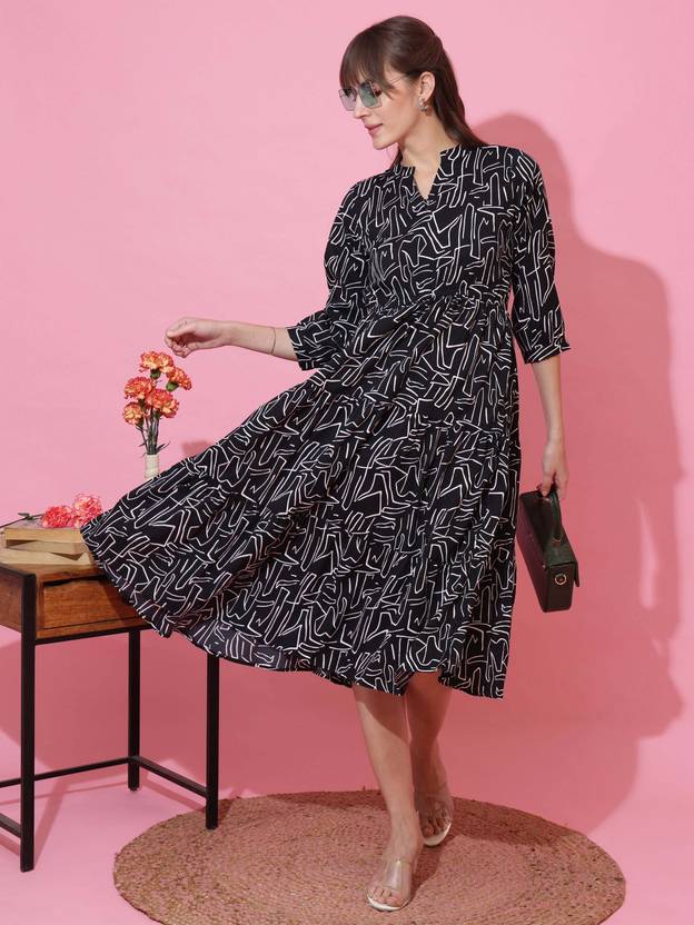 Noir Bloom Fit & Flare Midi Dress by Wyshlist