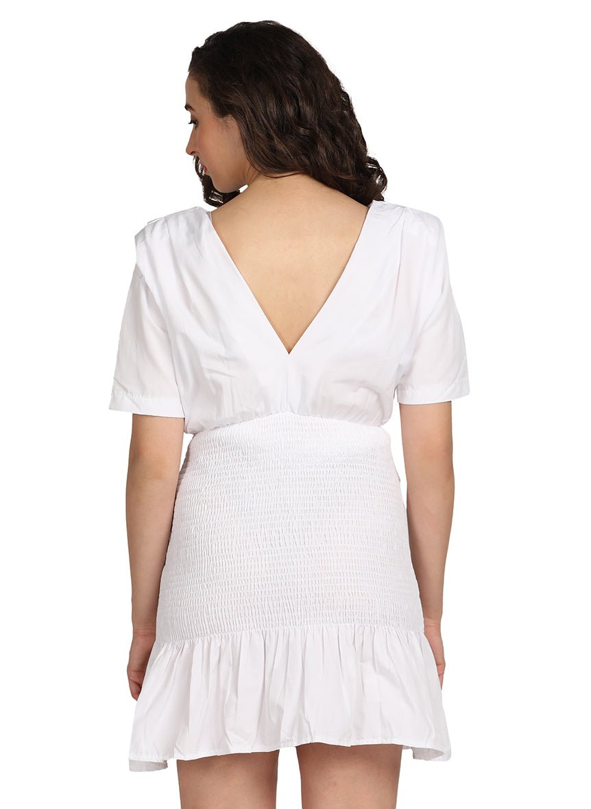 White Poplin V-Neck Mini Dress