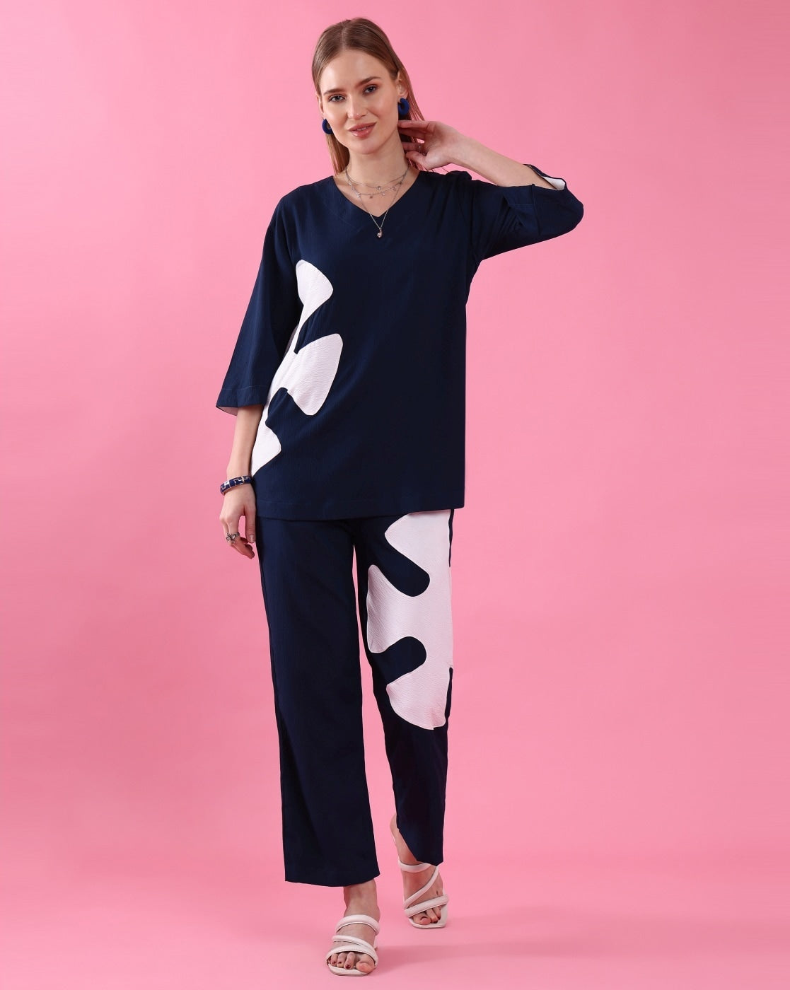 White Leaf Blue Printed Coord Set