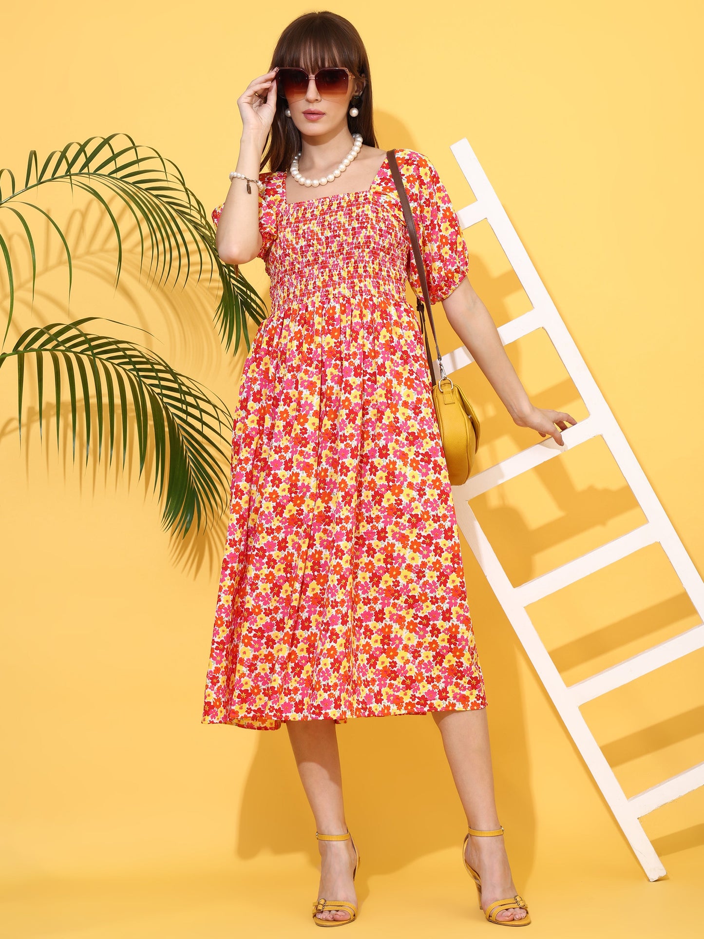 Orange Bloom Flared Midi Dress