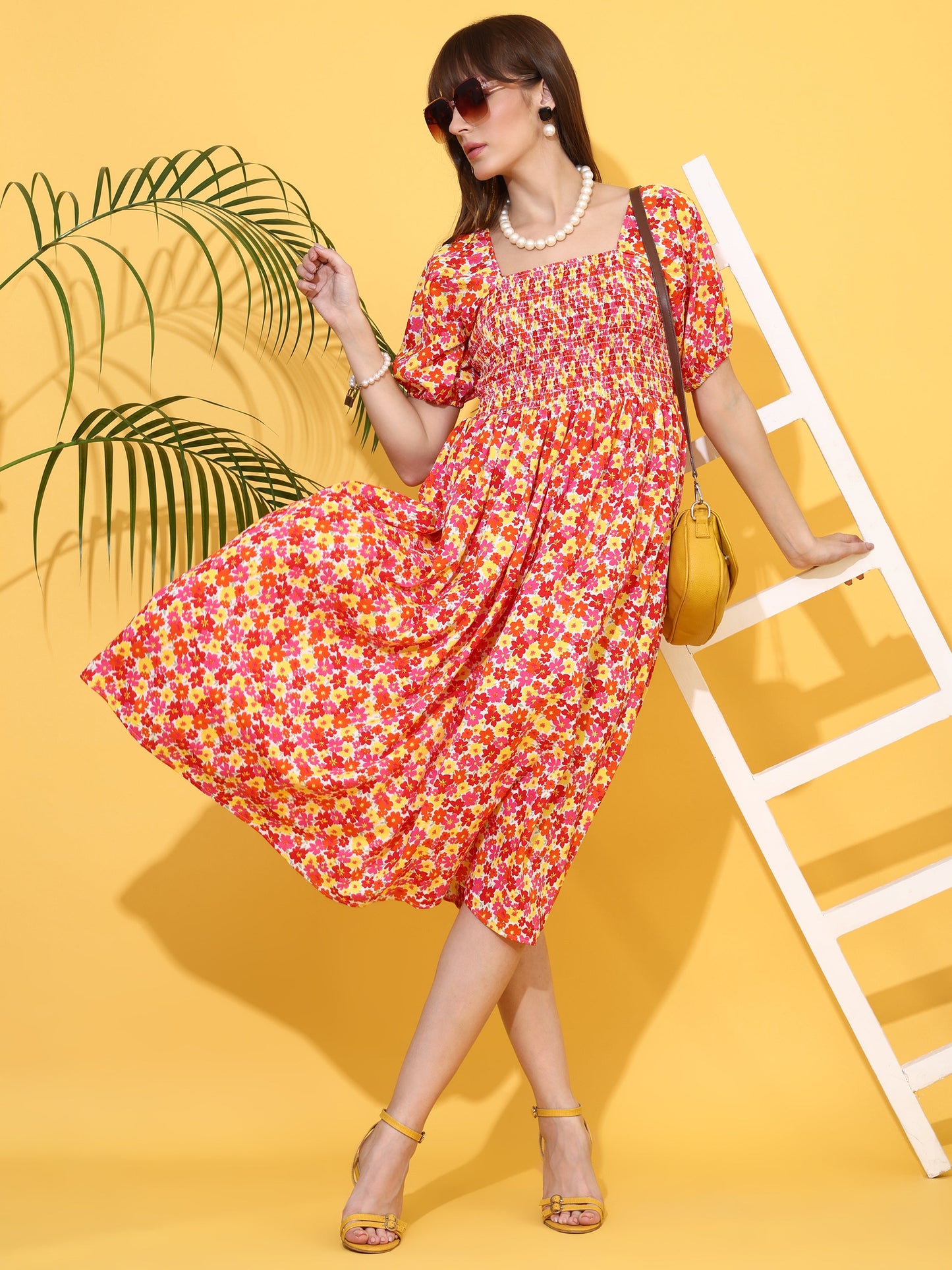 Orange Bloom Flared Midi Dress