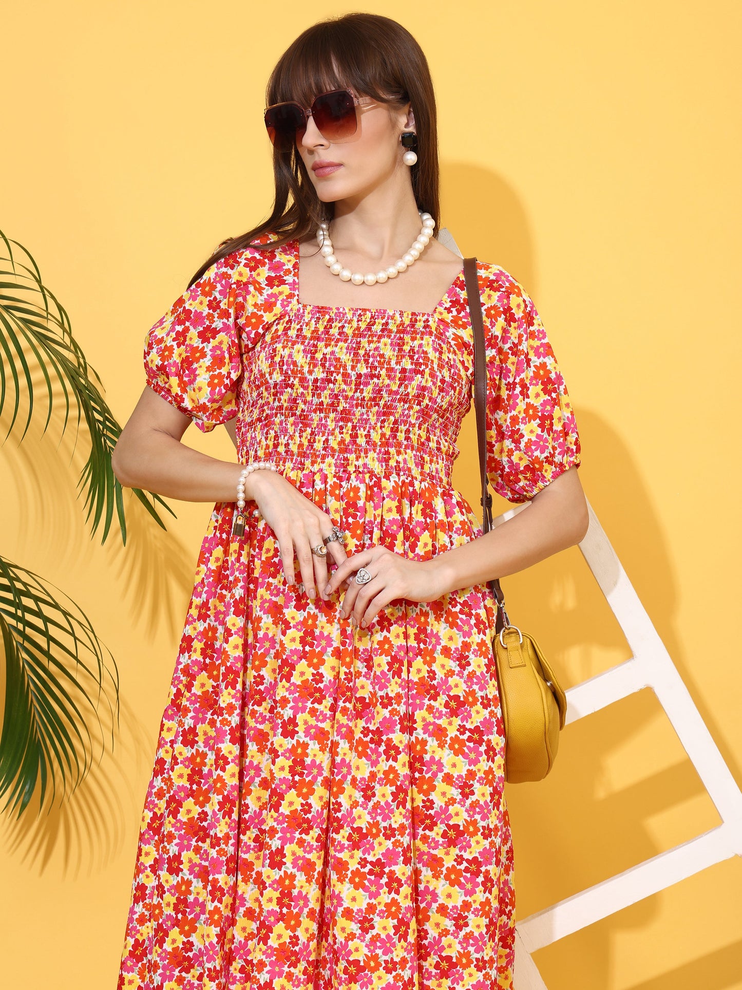 Orange Bloom Flared Midi Dress