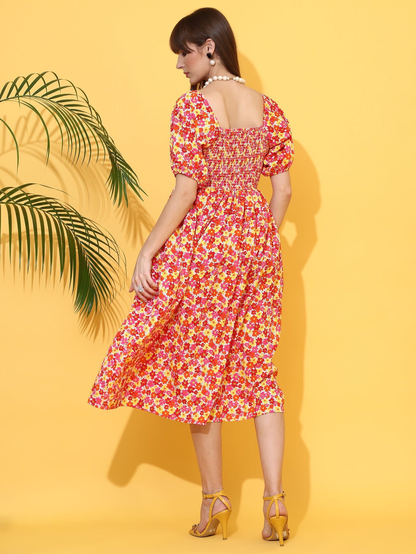Orange Bloom Flared Midi Dress
