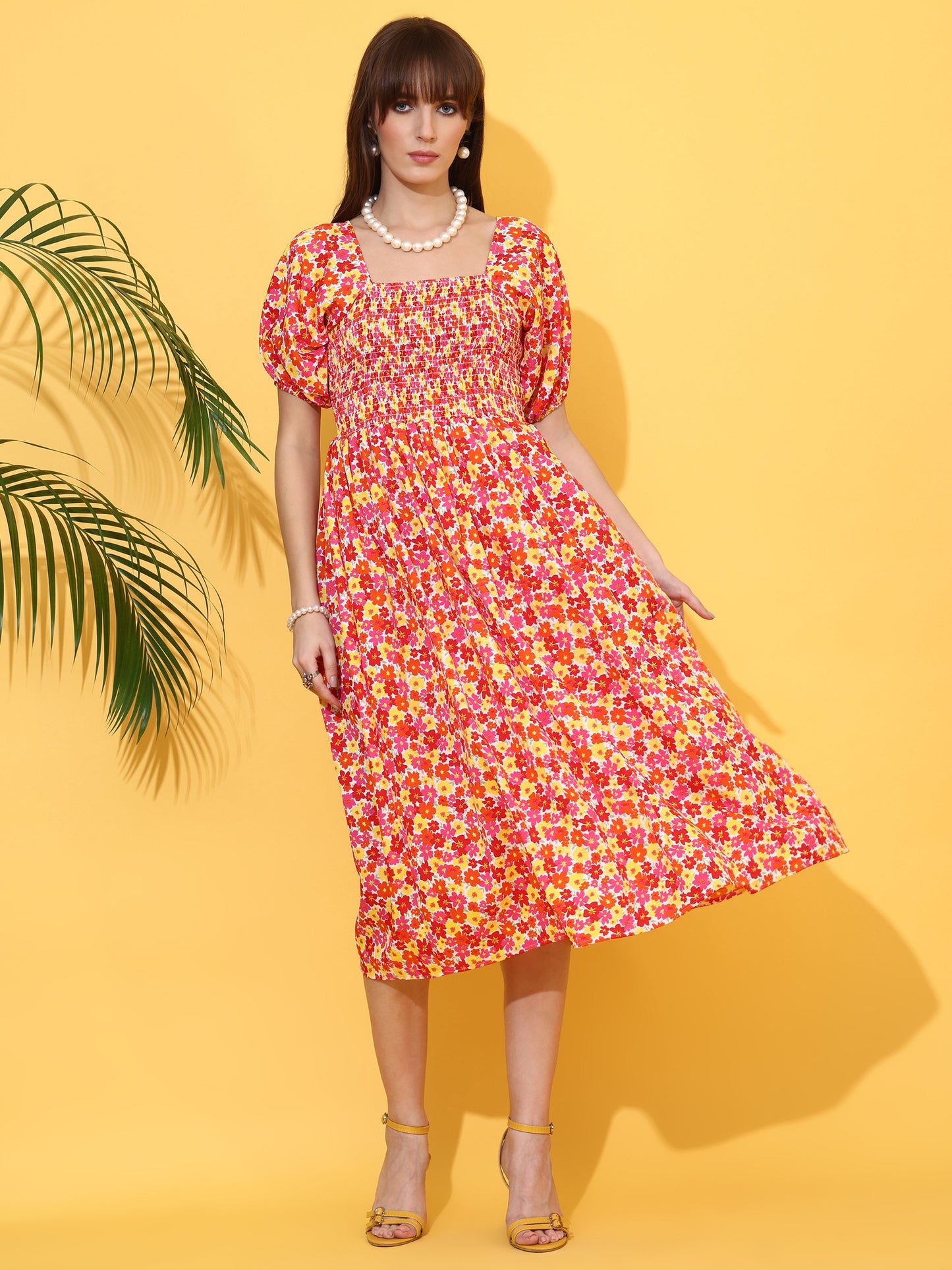 Orange Bloom Flared Midi Dress