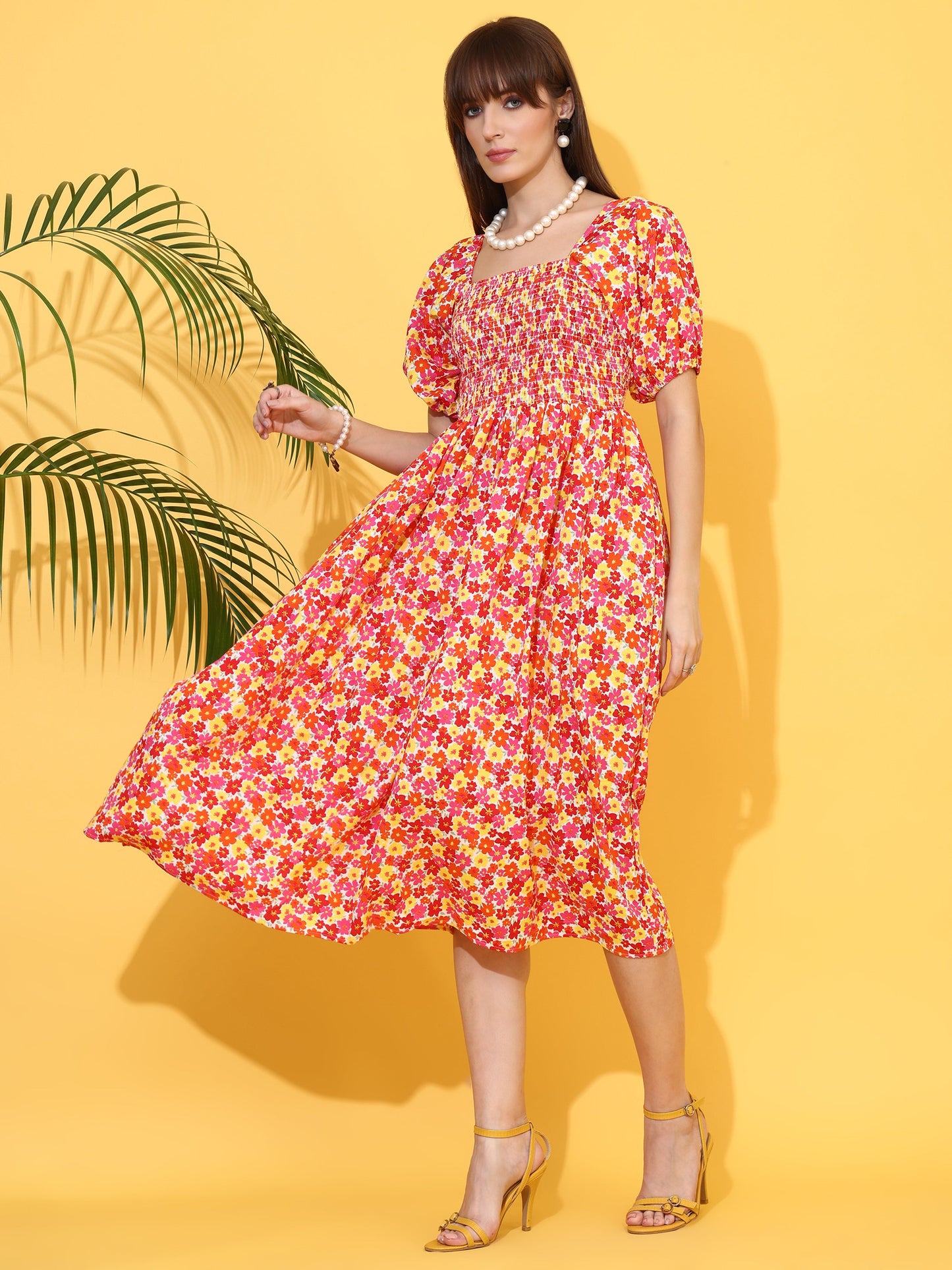 Orange Bloom Flared Midi Dress