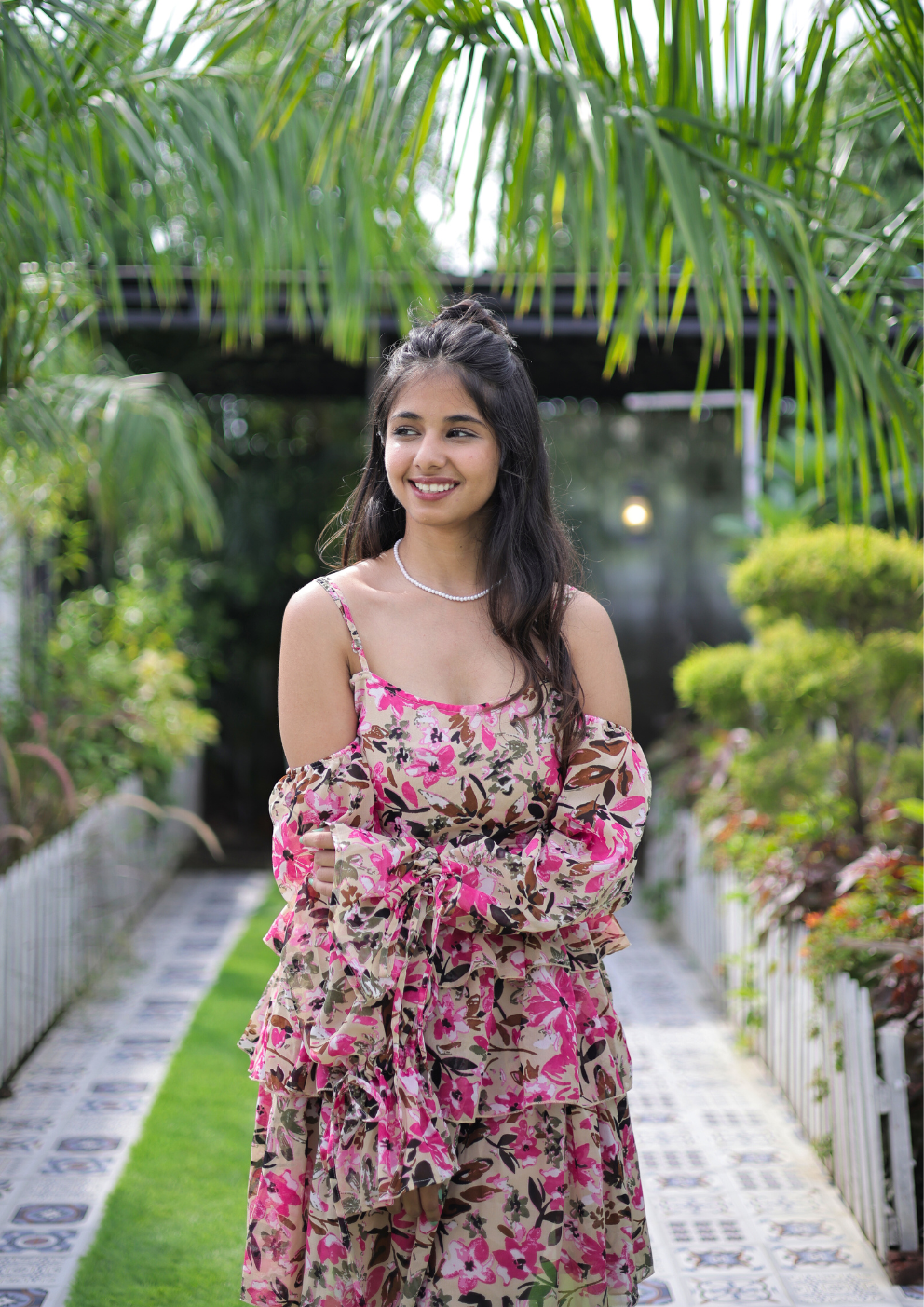 Brown & Pink Floral Off-Shoulder Layered Dress