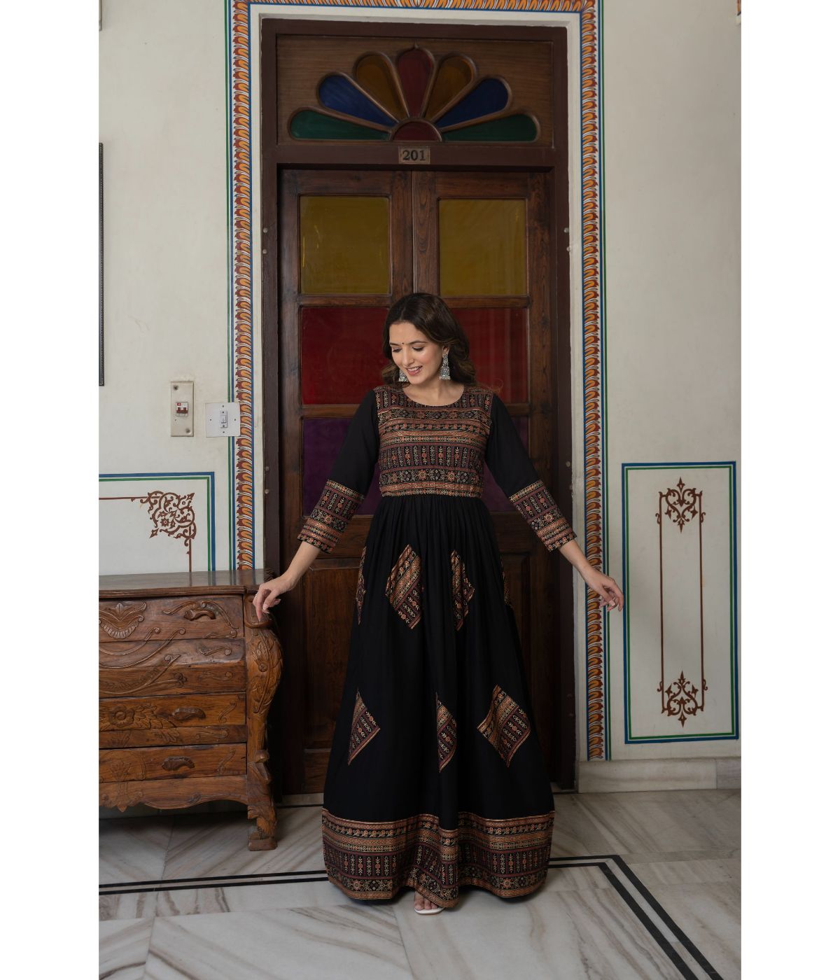 Elegant Gold Printed Black Fit and Flare Maxi Dress