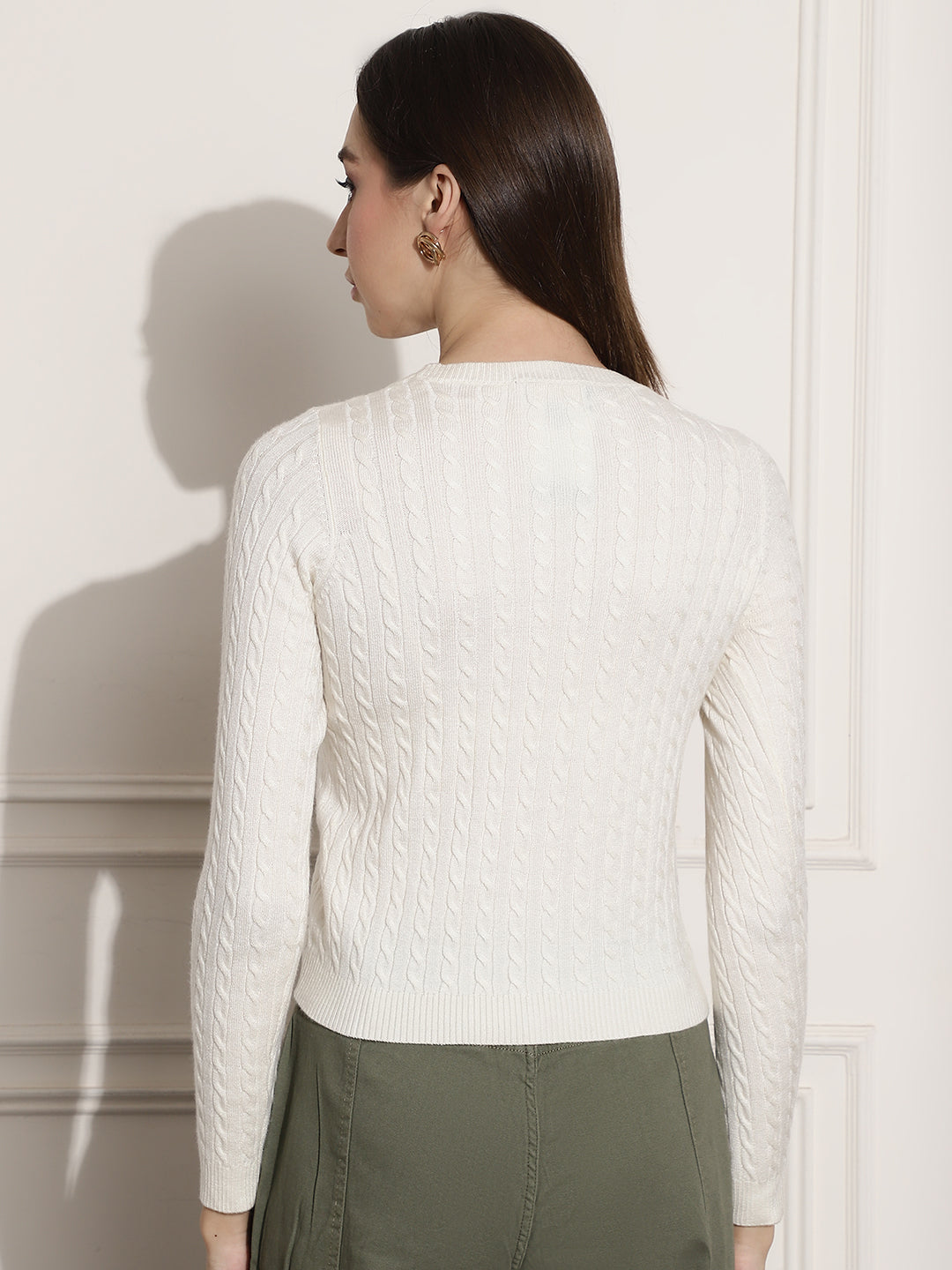 Round Neck Kable Knit White Sweater