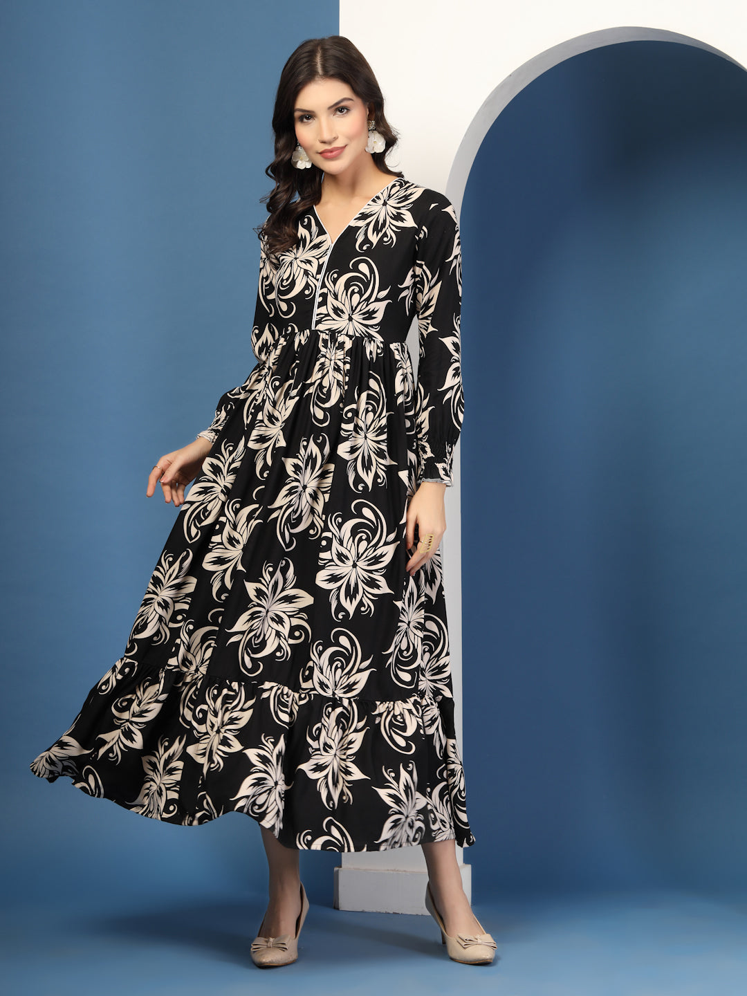 Midnight Bloom Floral Print Maxi Dress