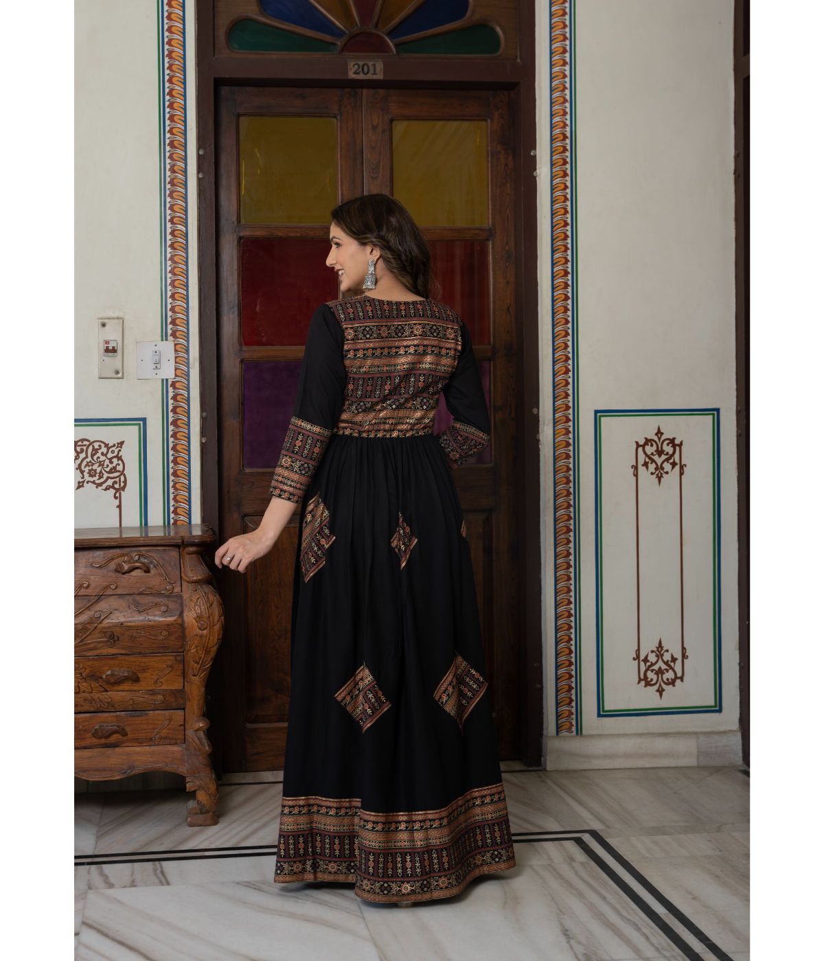 Elegant Gold Printed Black Fit and Flare Maxi Dress