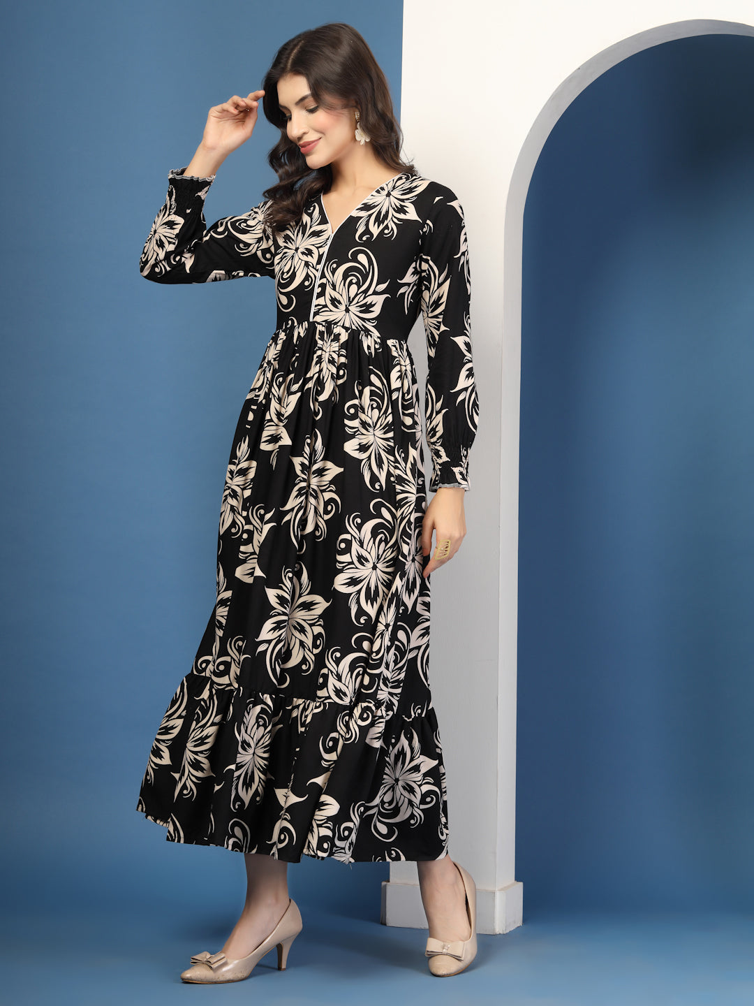 Midnight Bloom Floral Print Maxi Dress