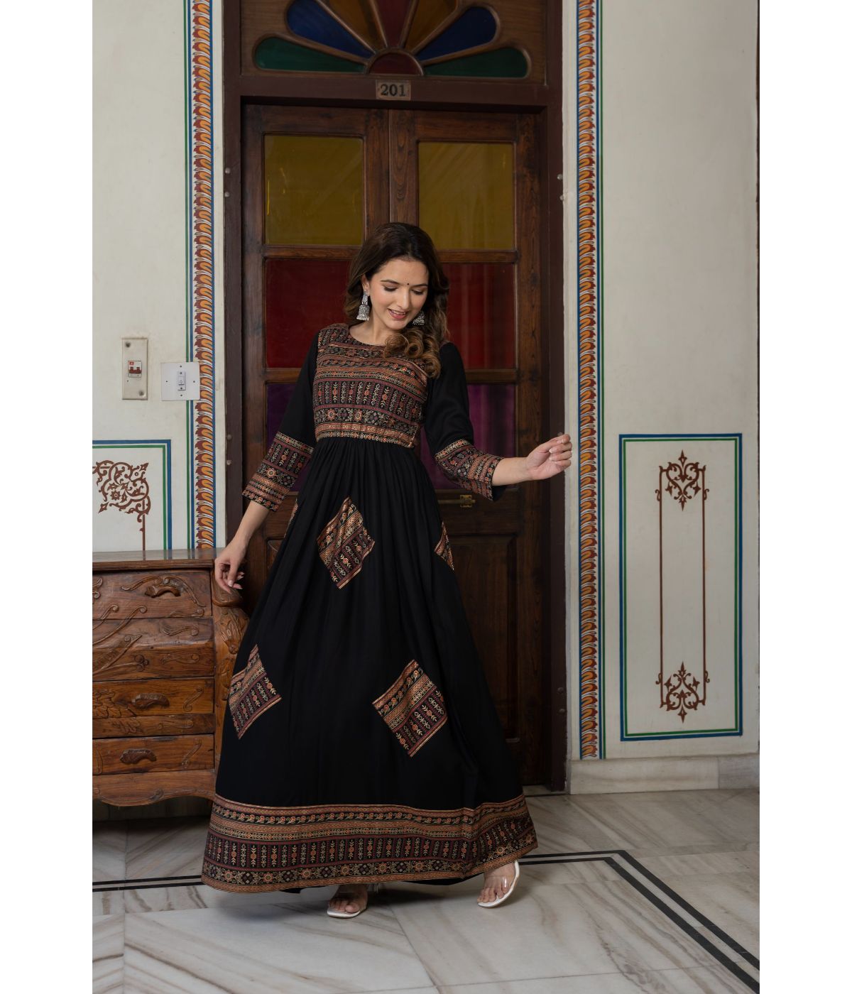 Elegant Gold Printed Black Fit and Flare Maxi Dress