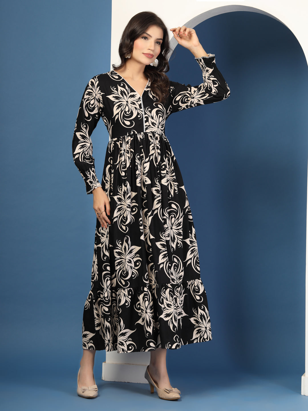 Midnight Bloom Floral Print Maxi Dress