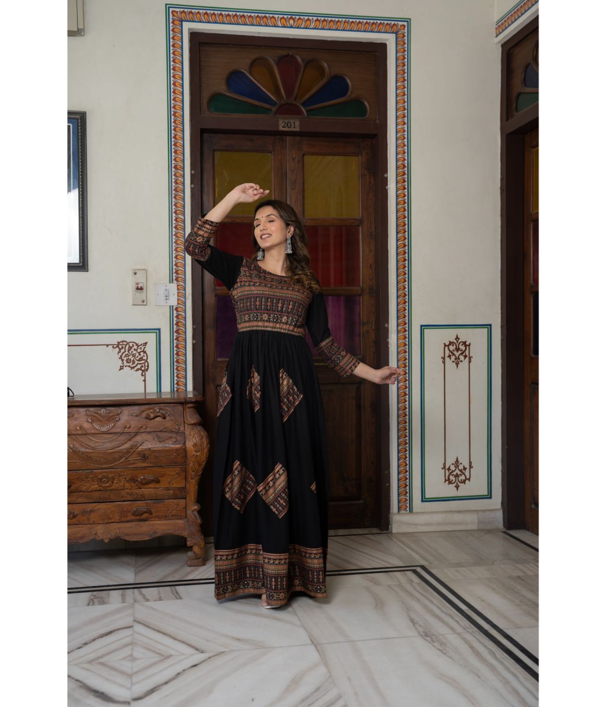 Elegant Gold Printed Black Fit and Flare Maxi Dress