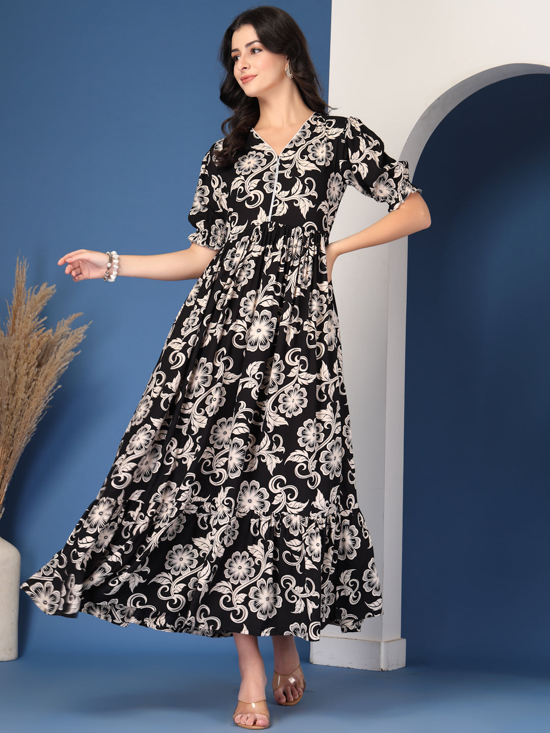 Noir Petals Flare Maxi Dress