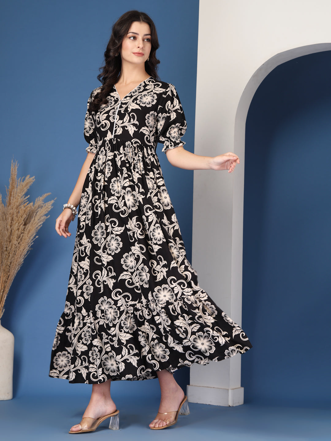 Noir Petals Flare Maxi Dress