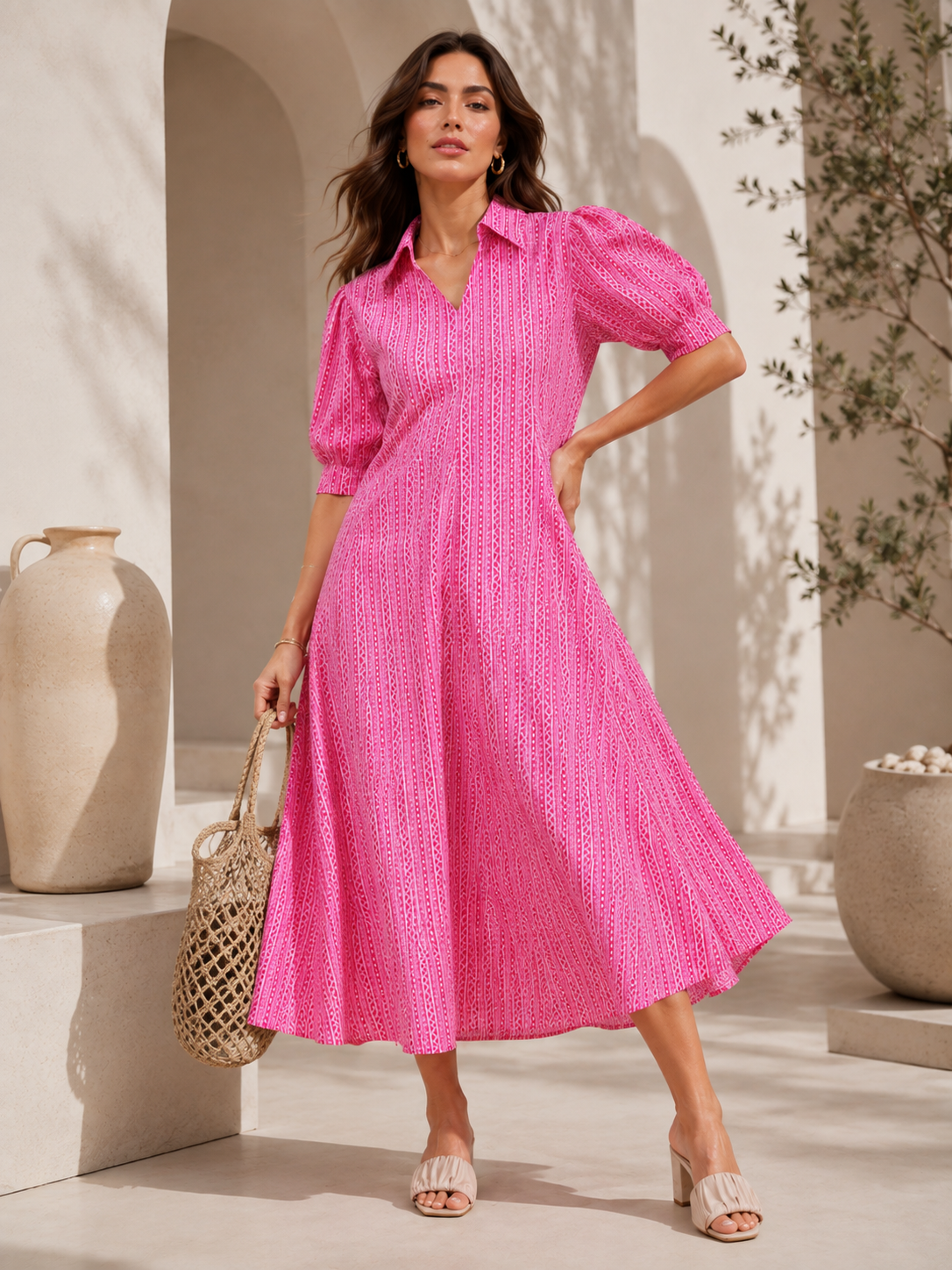 collar dress Pink Shirt A-Line Midi by Wyshlist pants-shorts Vacation Summer Wrap Dress Size:XXXL or 3XL
