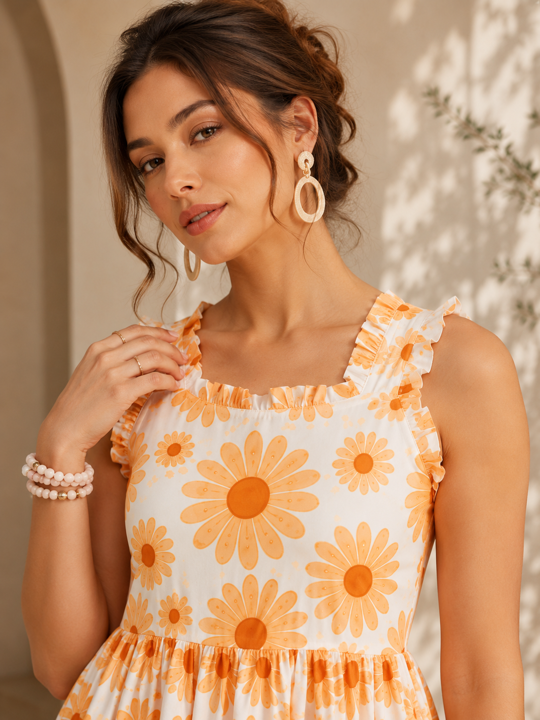 Elegant Orange Floral Fit & Flare Maxi Dress