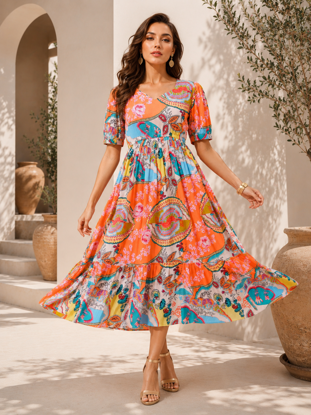 Peach Blossom Fit & Flare Midi Dress