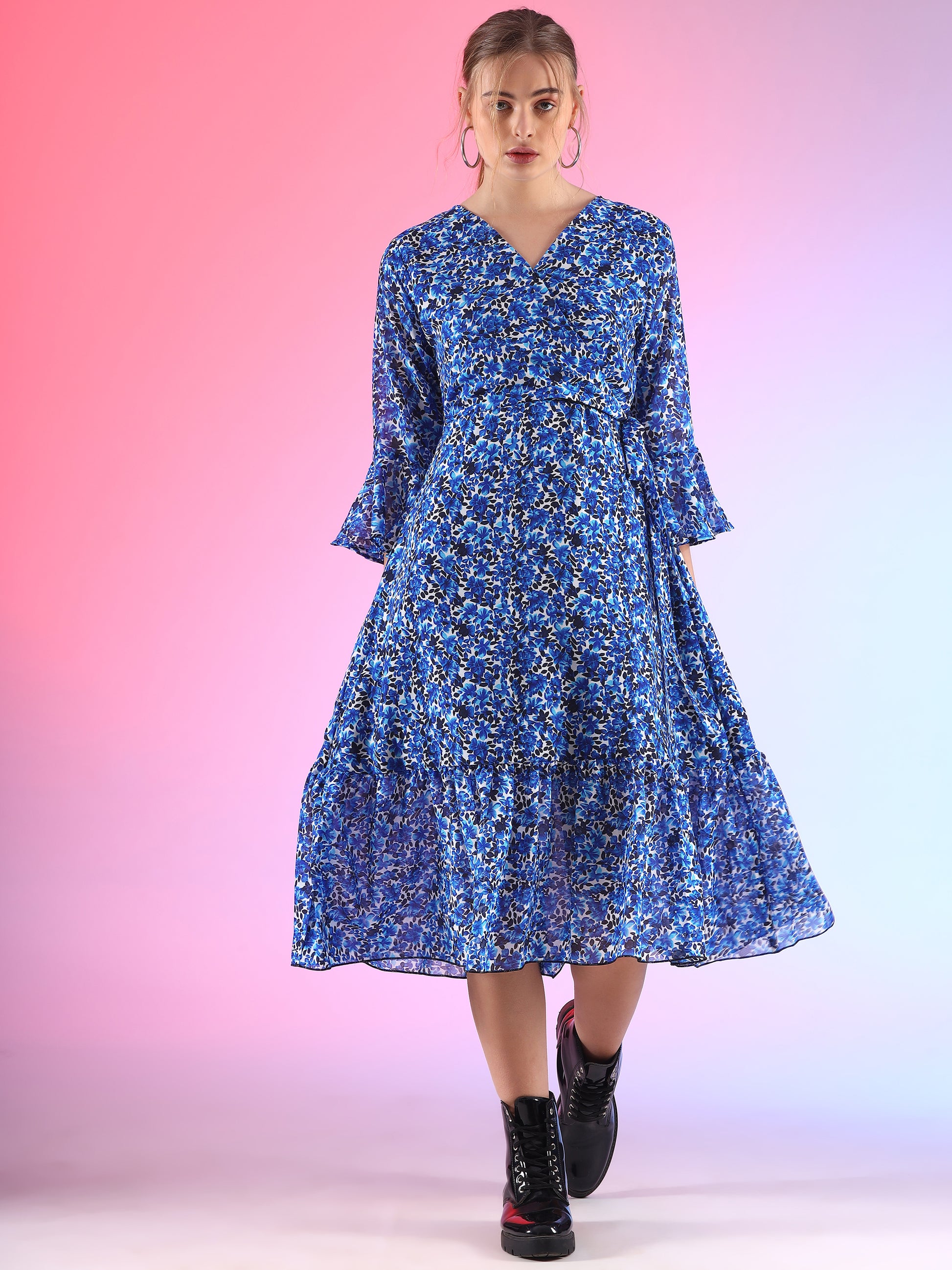 Royal Blue Reverie Floral Printed A-line Georgette Dress by Wyshlist Royal Blue Reverie Floral Printed A-line Georgette Dress by Wyshlist
