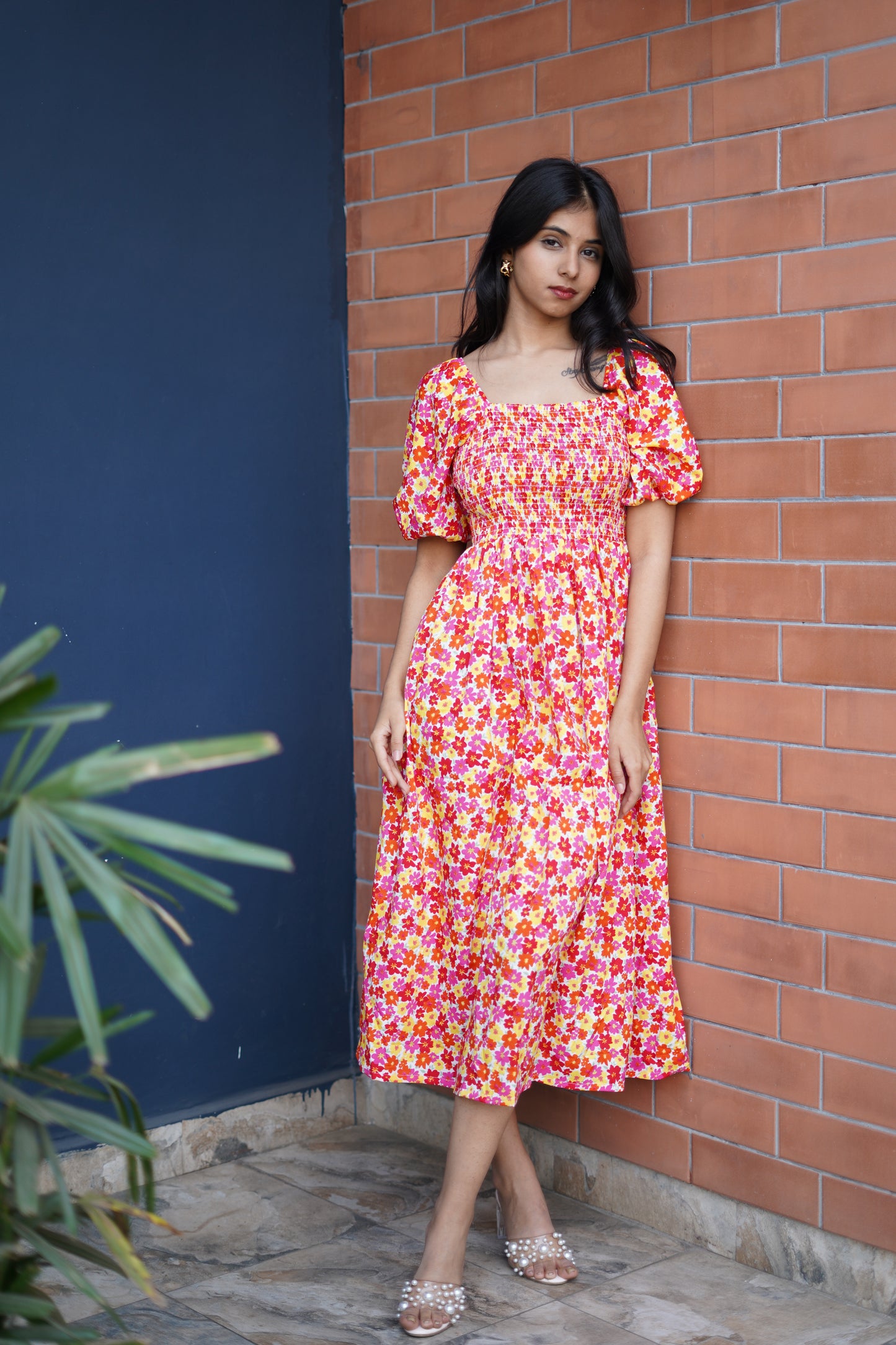 Orange Bloom Flared Midi Dress