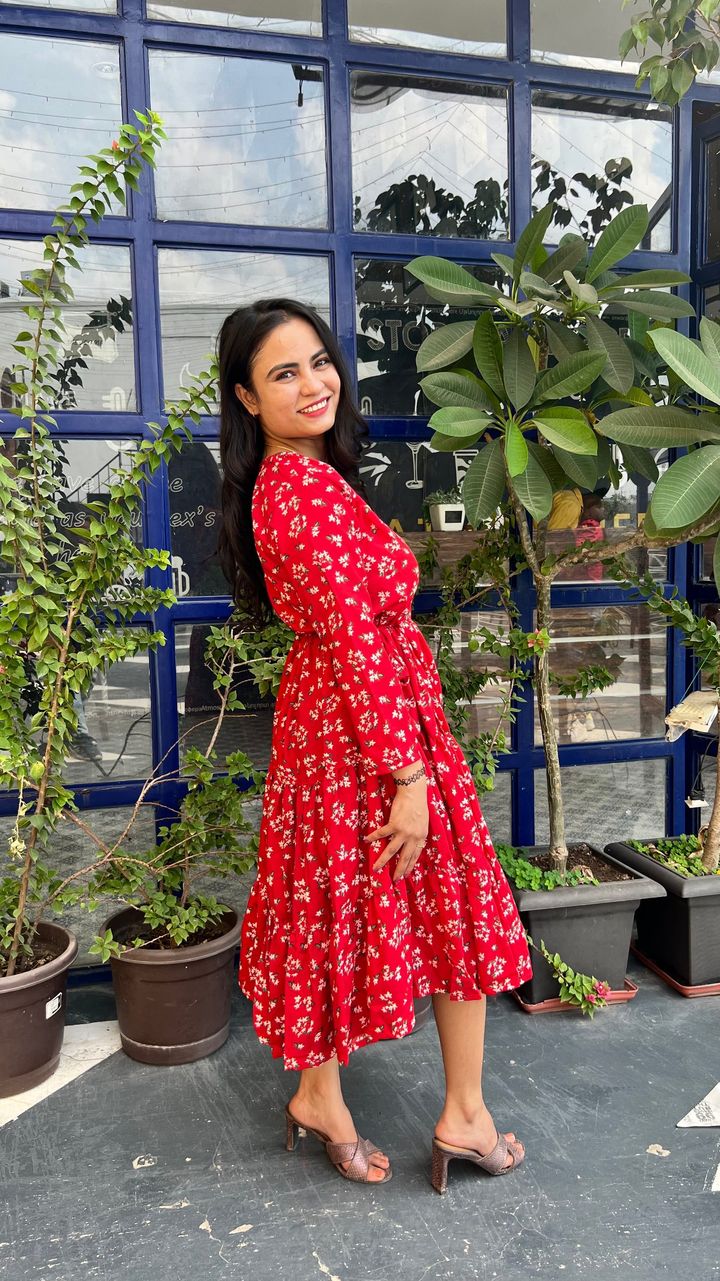 Red & White Floral Printed Midi Dress