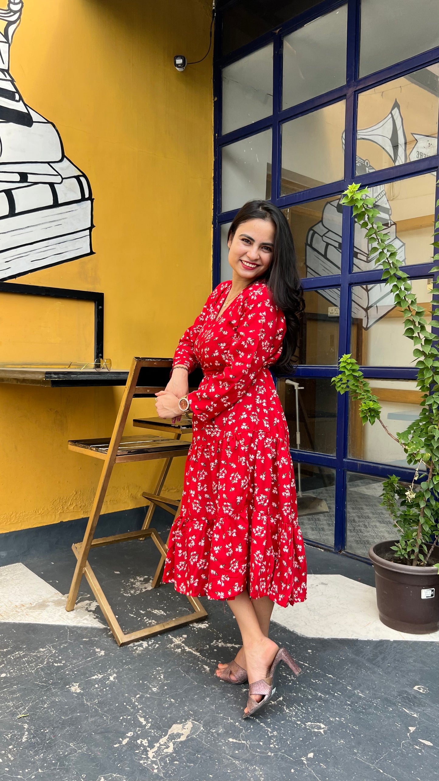 Red & White Floral Printed Midi Dress