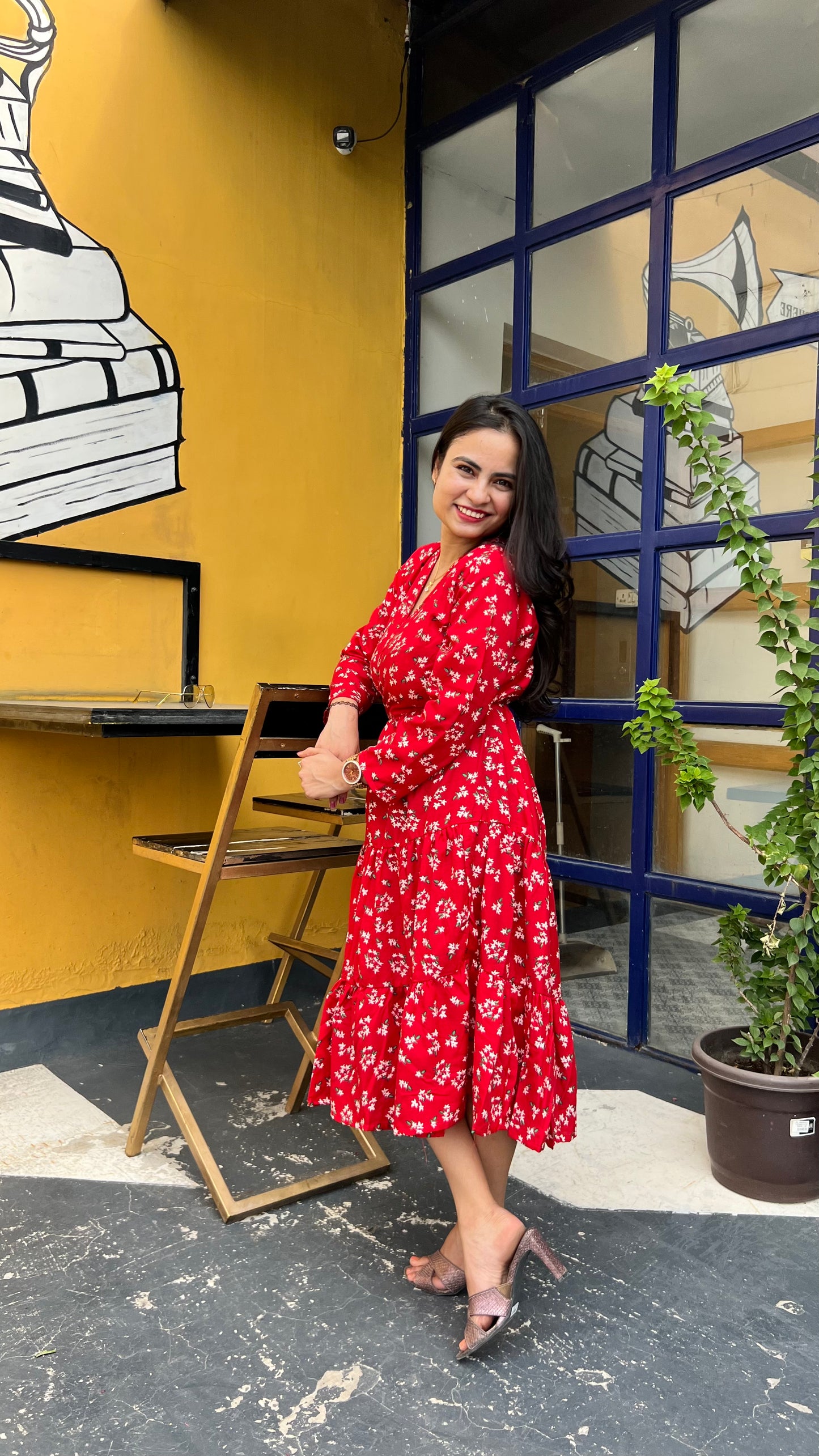 Red & White Floral Printed Midi Dress