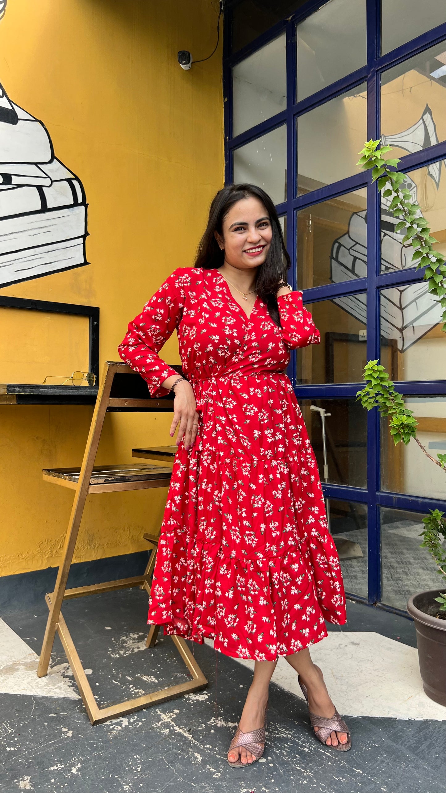 Red & White Floral Printed Midi Dress