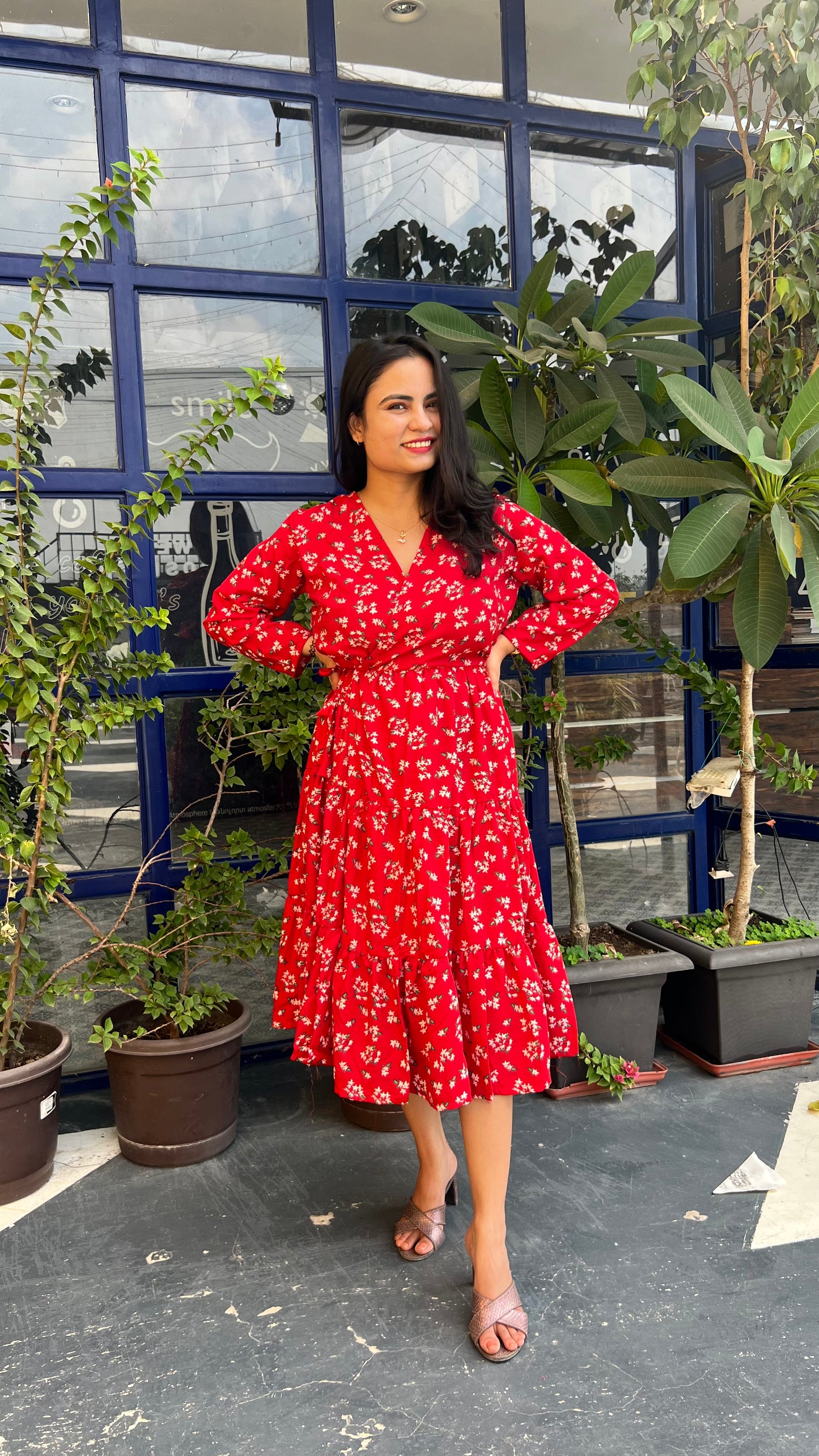 Red & White Floral Printed Midi Dress