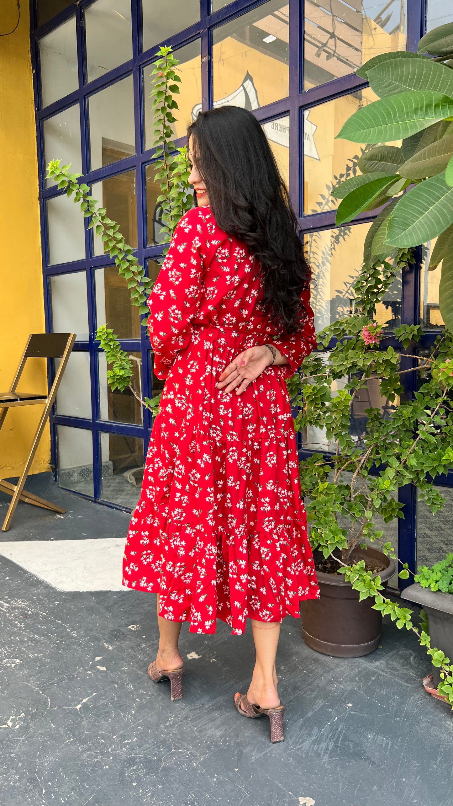 Red & White Floral Printed Midi Dress