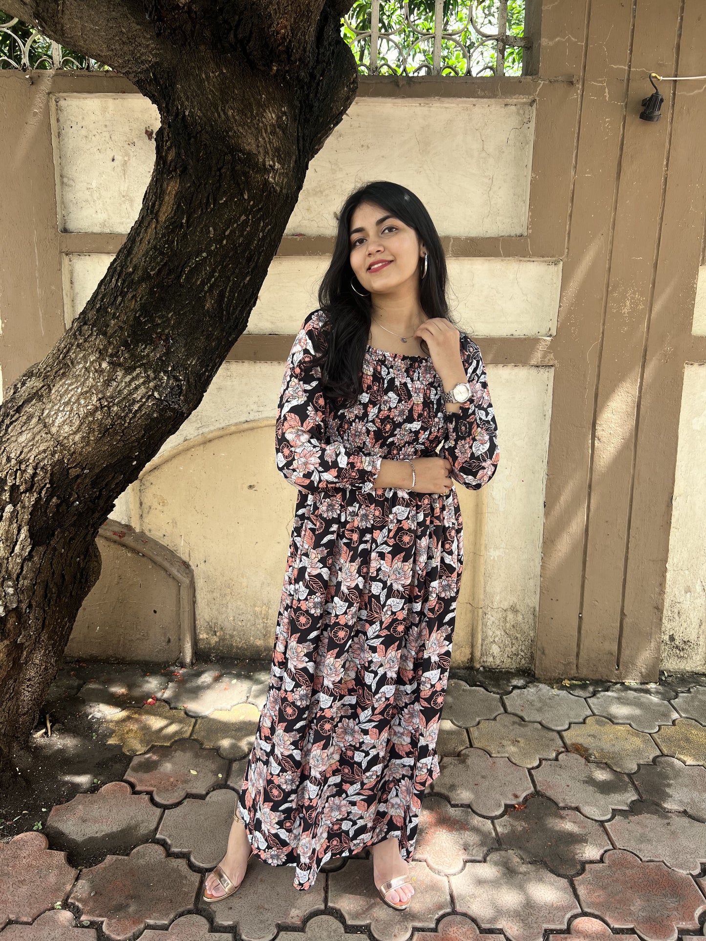 Smocked Animal Print Maxi Dress