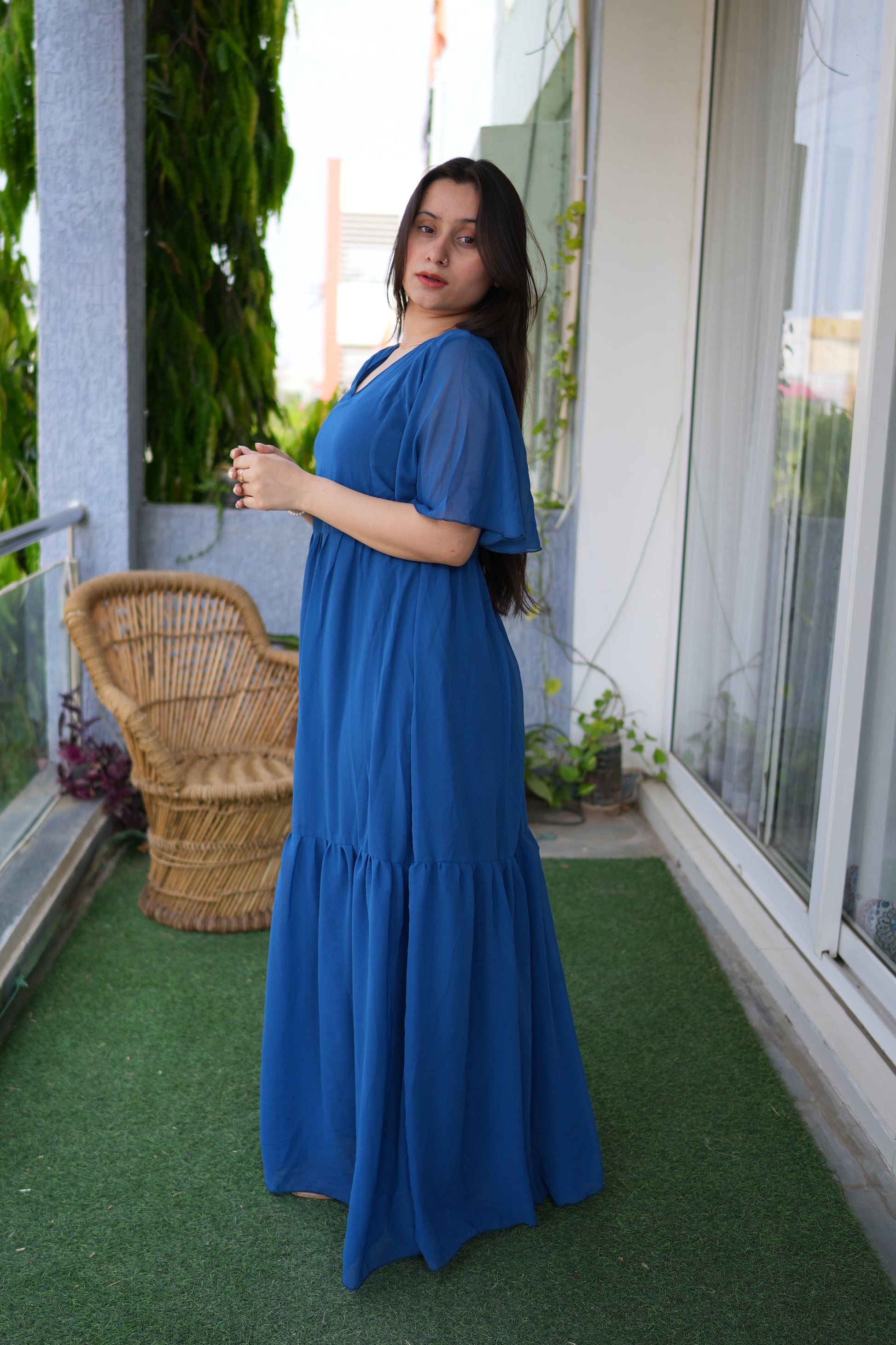 Royal Blue V-Neck Ruffle Sleeve Maxi Dress by Wyshlist Royal Blue V-Neck Ruffle Sleeve Maxi Dress by Wyshlist