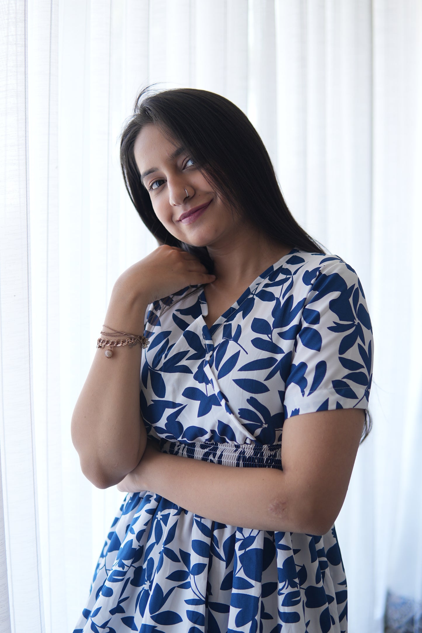 Feminine Flair Printed V-Neck Dress