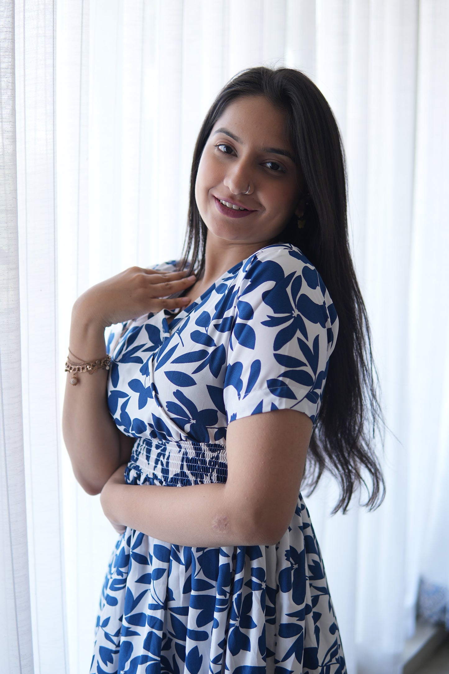 Feminine Flair Printed V-Neck Dress