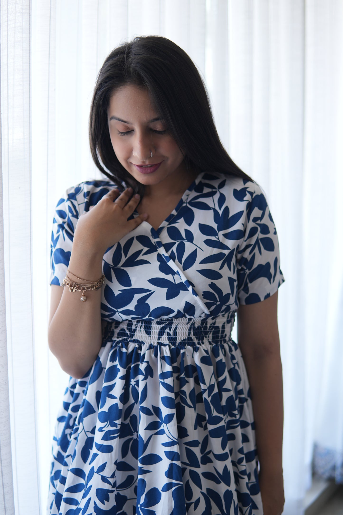 Feminine Flair Printed V-Neck Dress