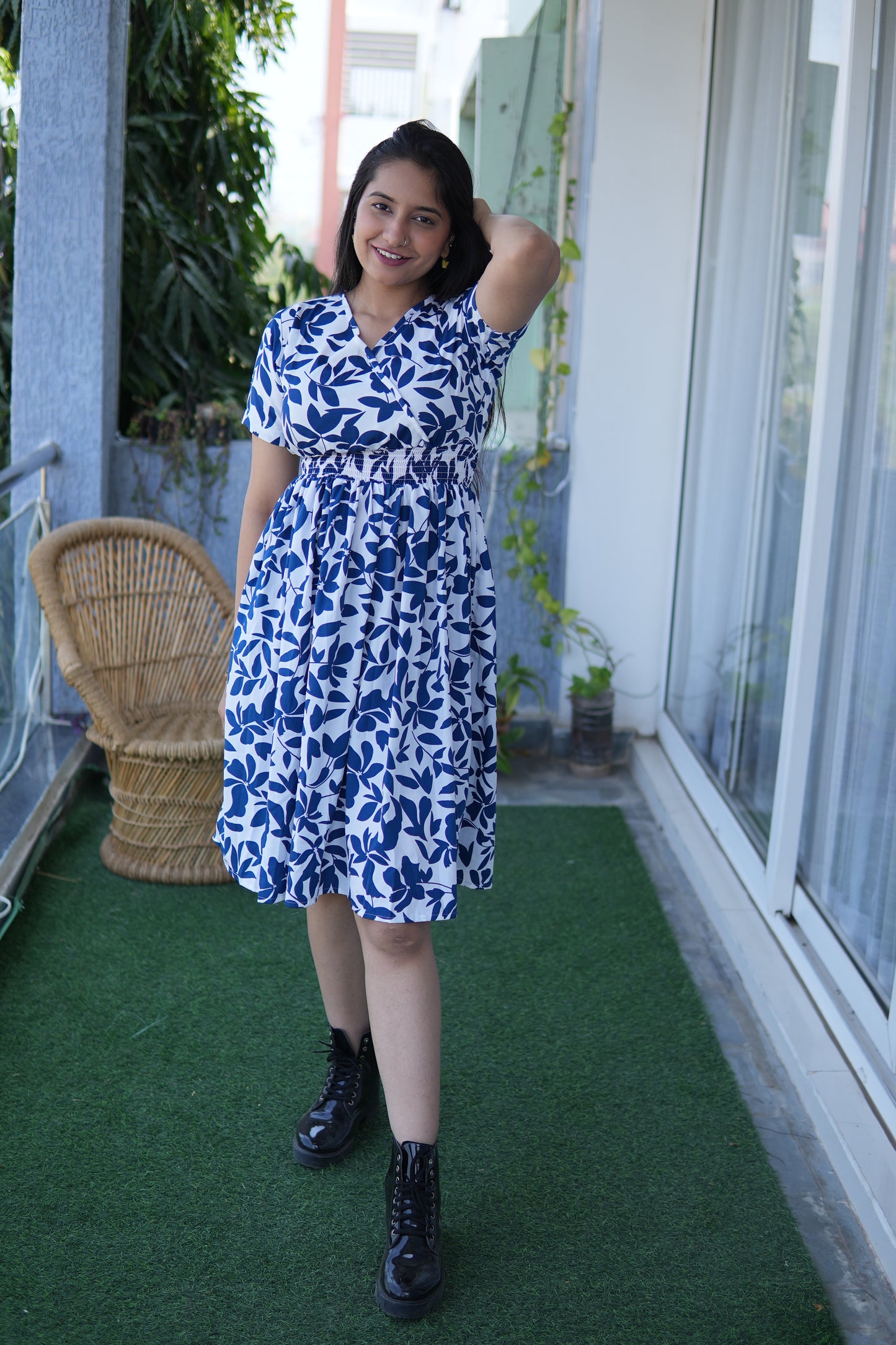 Feminine Flair Printed V-Neck Dress
