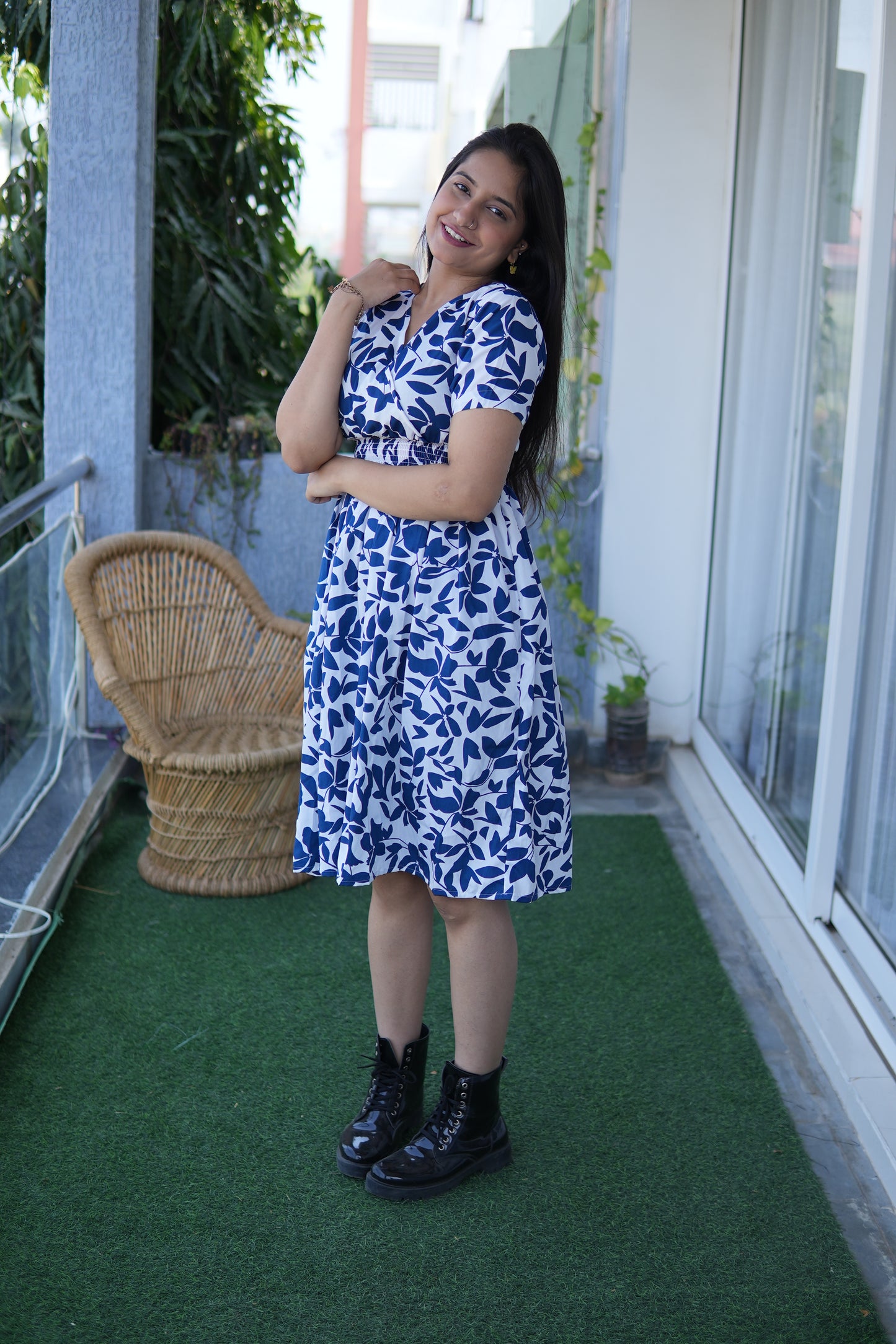 Feminine Flair Printed V-Neck Dress