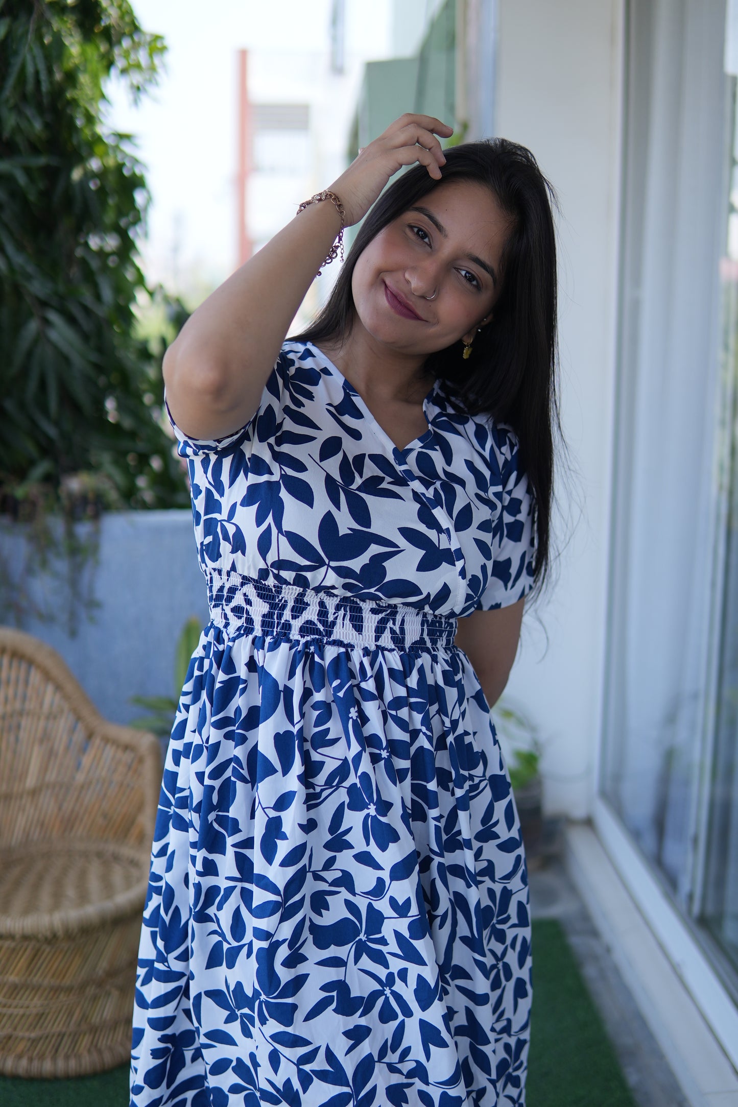 Feminine Flair Printed V-Neck Dress