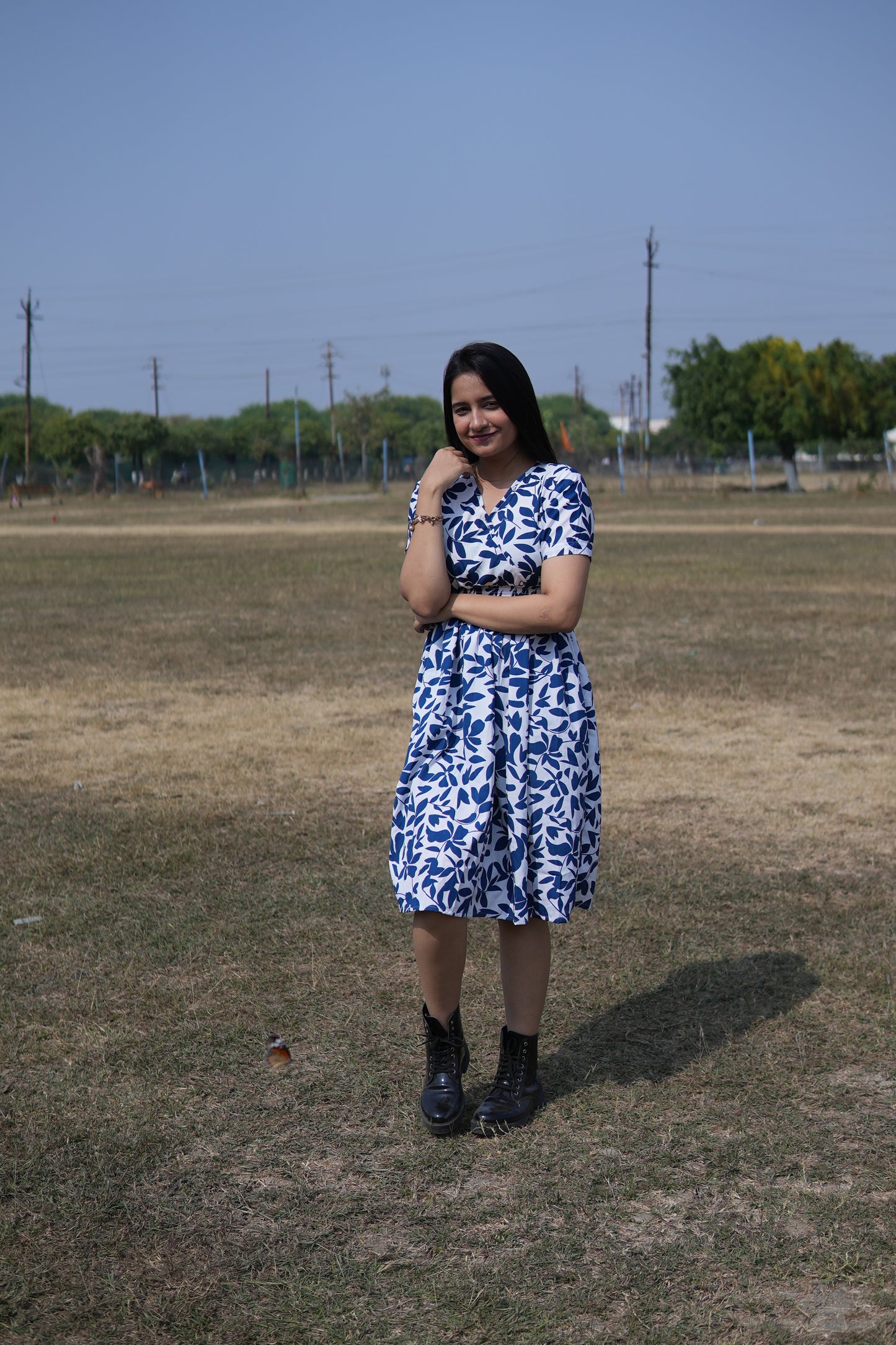 Feminine Flair Printed V-Neck Dress