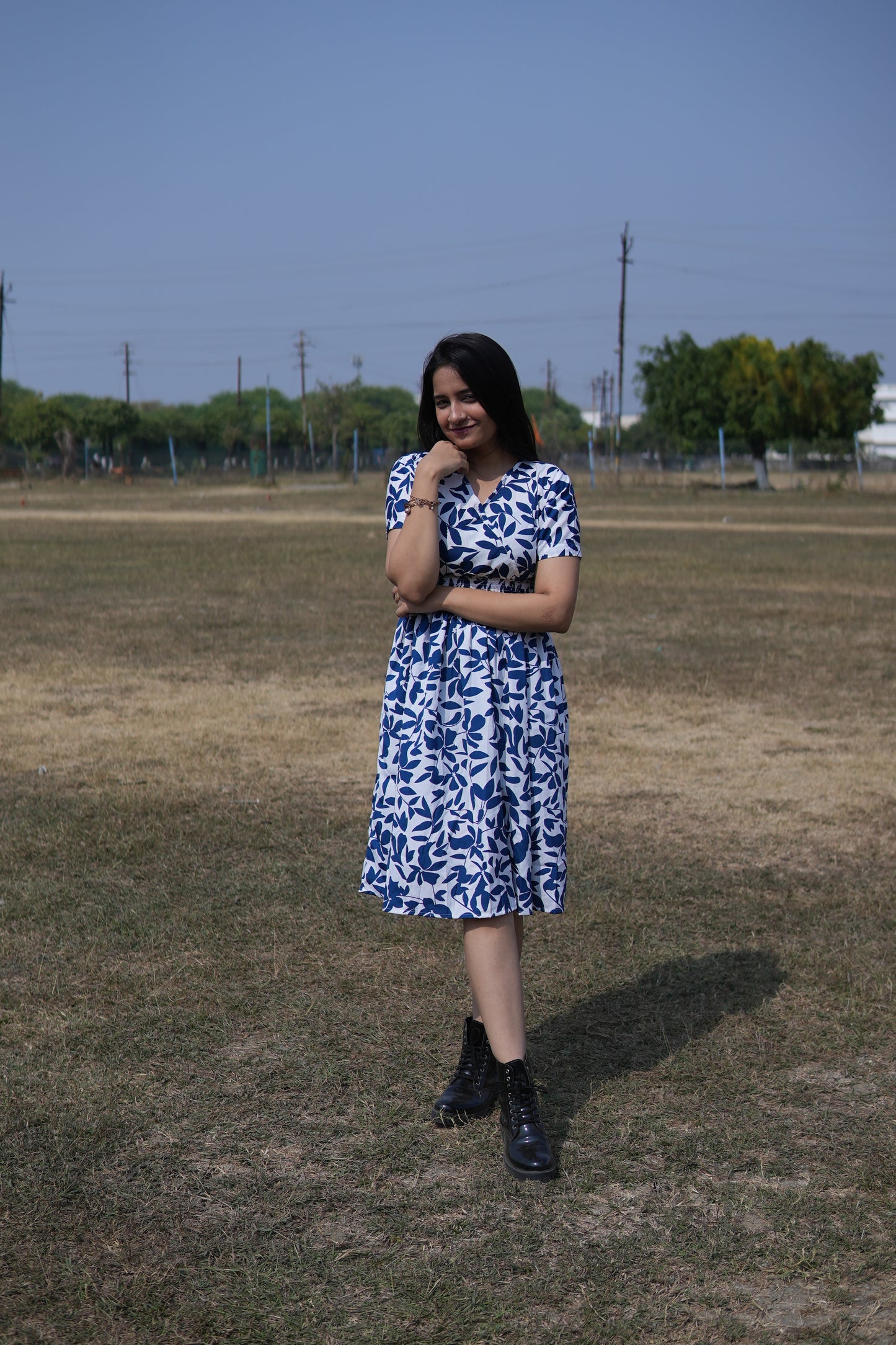 Feminine Flair Printed V-Neck Dress