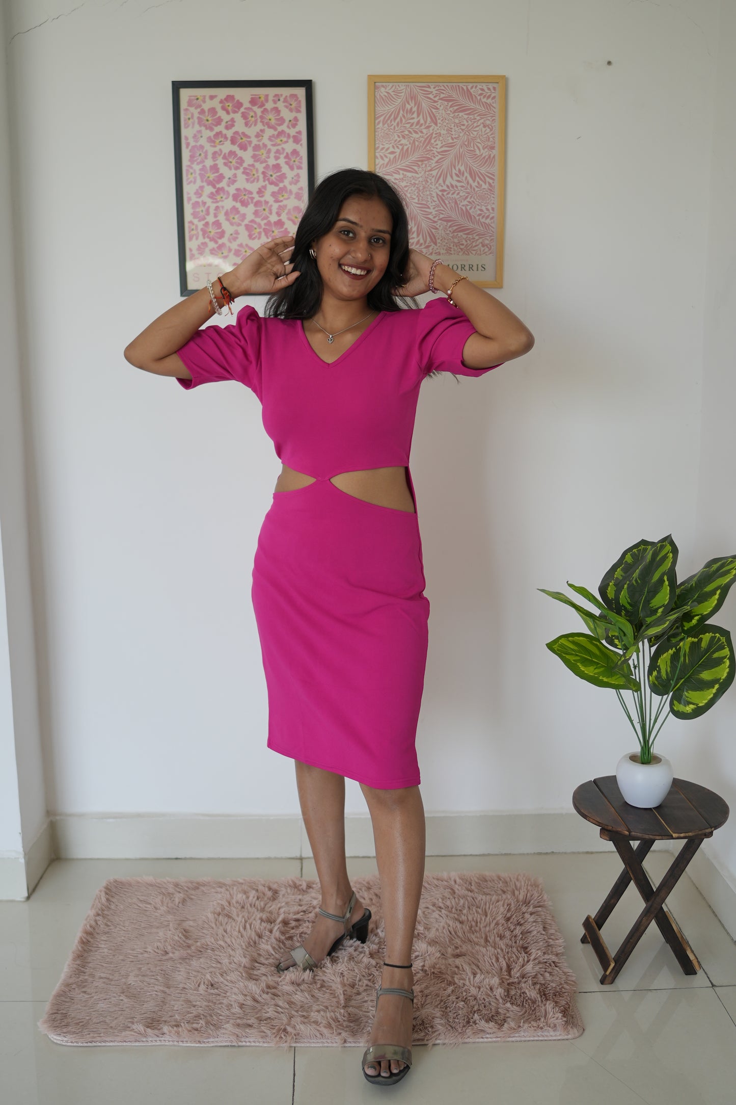 Hot Pink Elegance Crepe Waist Cut Bodycon Dress