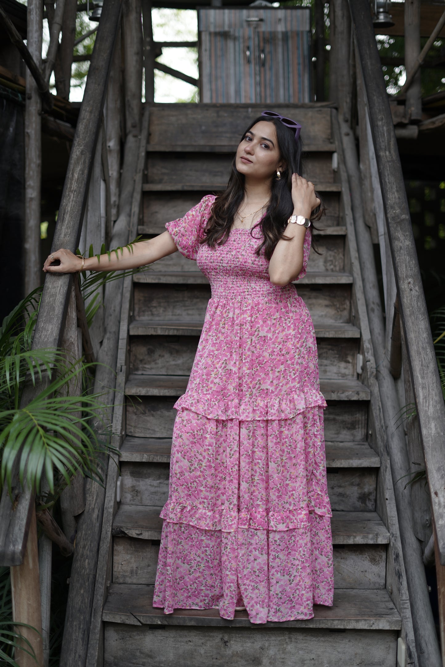 Elegant Floral Print Maxi Dress with Puff Sleeves